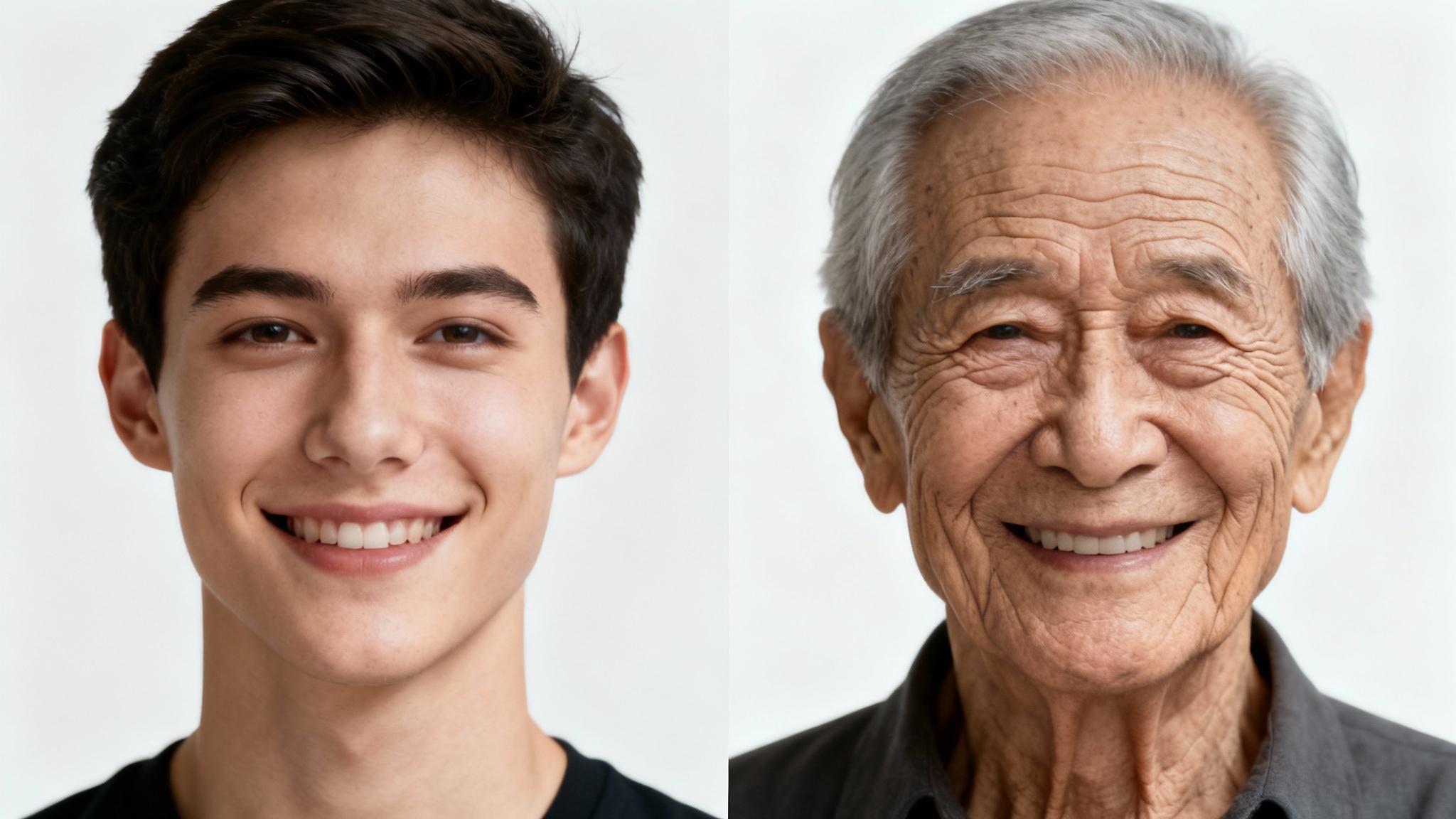 A side-by-side comparison image showing a young man on the left and the same man digitally aged to appear as a senior citizen on the right, demonstrating an old age filter.