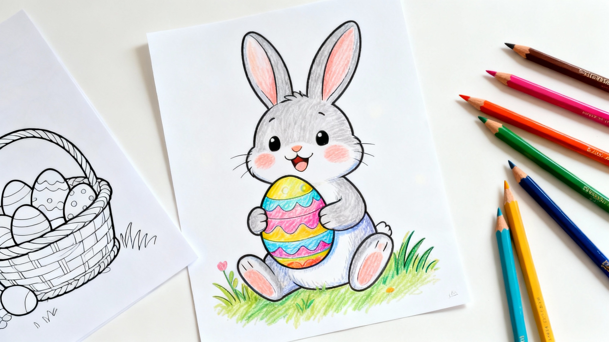 A beautifully colored-in Easter coloring page of a bunny holding an egg, shown as the final result. Next to it is a hint of the original black and white line art, with colored pencils nearby.