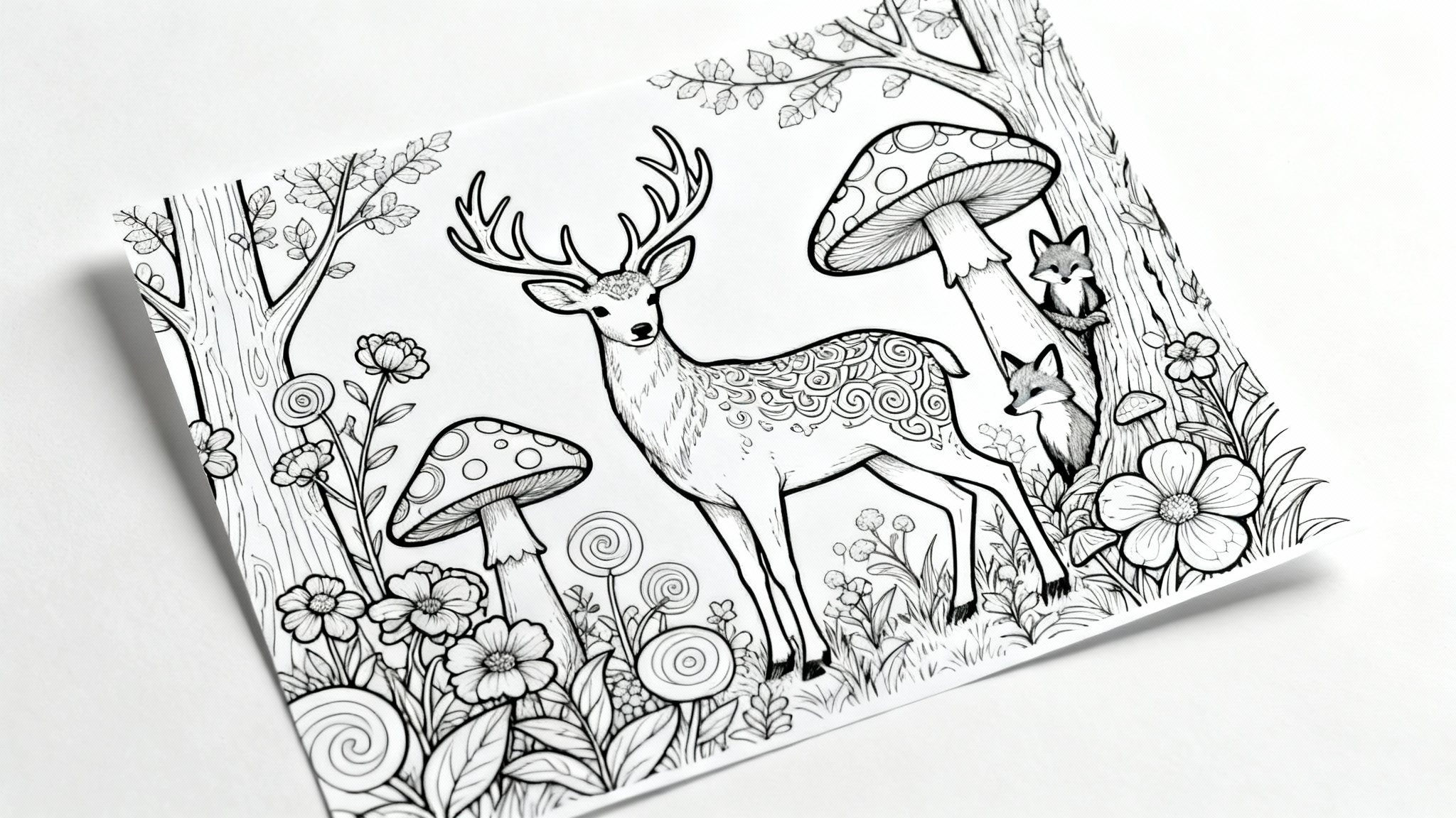 A black and white line art coloring page featuring a detailed illustration of a majestic deer in an enchanted forest, waiting to be colored.