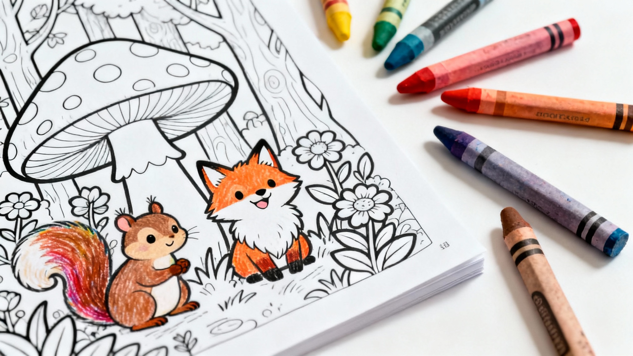 A children's coloring page инфекция of a forest scene with a fox and a squirrel, partially colored in with crayons, lying on a white surface.