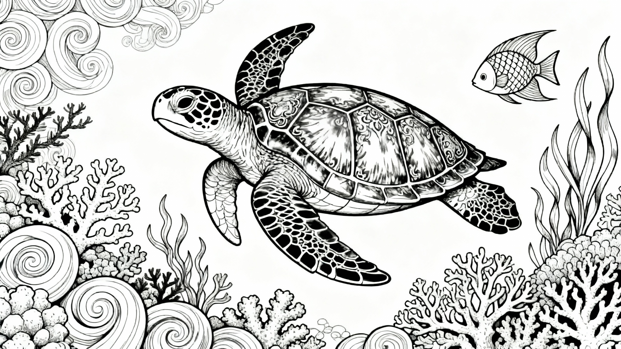 An intricate black and white line art coloring page featuring a majestic sea turtle in a whimsical underwater scene, on a white background.