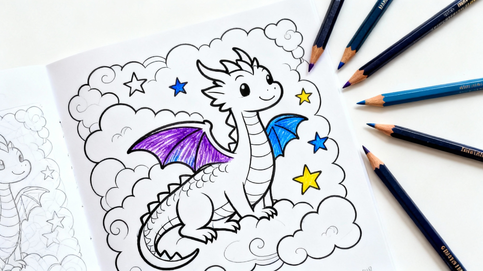 A top-down view of a partially colored-in coloring page depicting a whimsical dragon among the stars, with colored pencils resting beside it on a white background.
