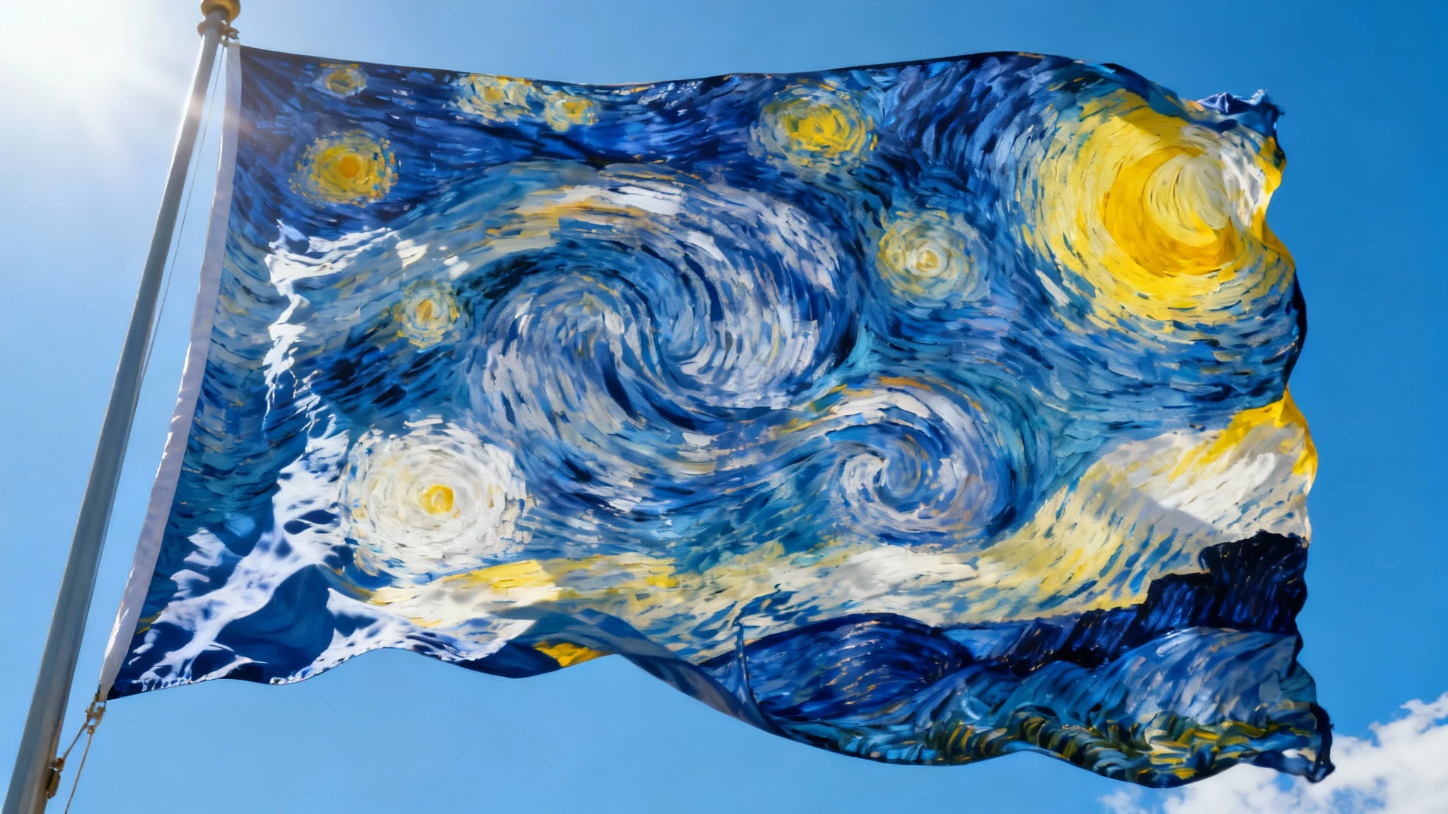 A cinematic, eye-catching image of a flag with an artistic, swirling blue and gold design, waving dramatically against a bright blue sky, demonstrating an art piece turned into a flag.