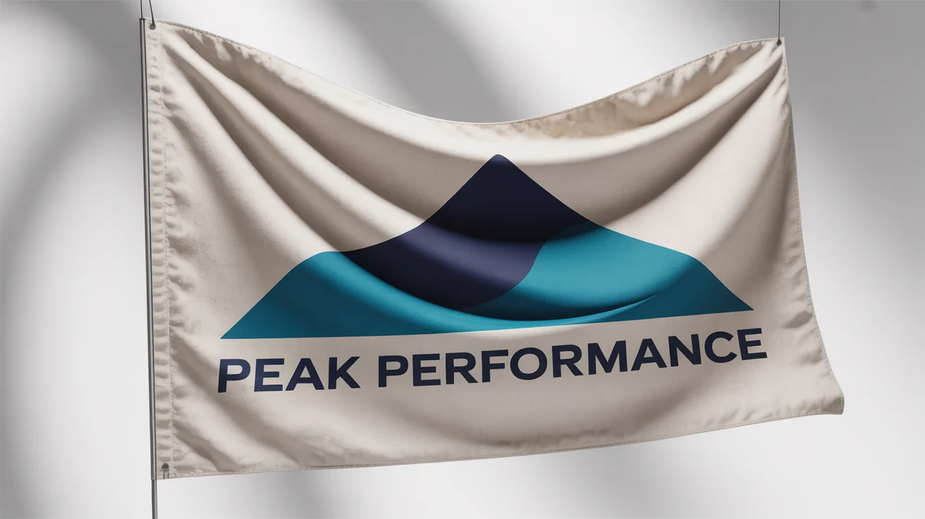A professionally photographed mockup of a custom flag with a minimalist mountain logo and the text 'PEAK PERFORMANCE' waving gently against a clean white background.