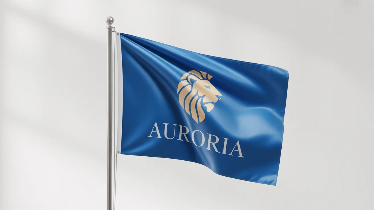 A photorealistic mockup of a royal blue flag with a golden lion emblem and the word 'AURORIA' waving gently against a plain white background.