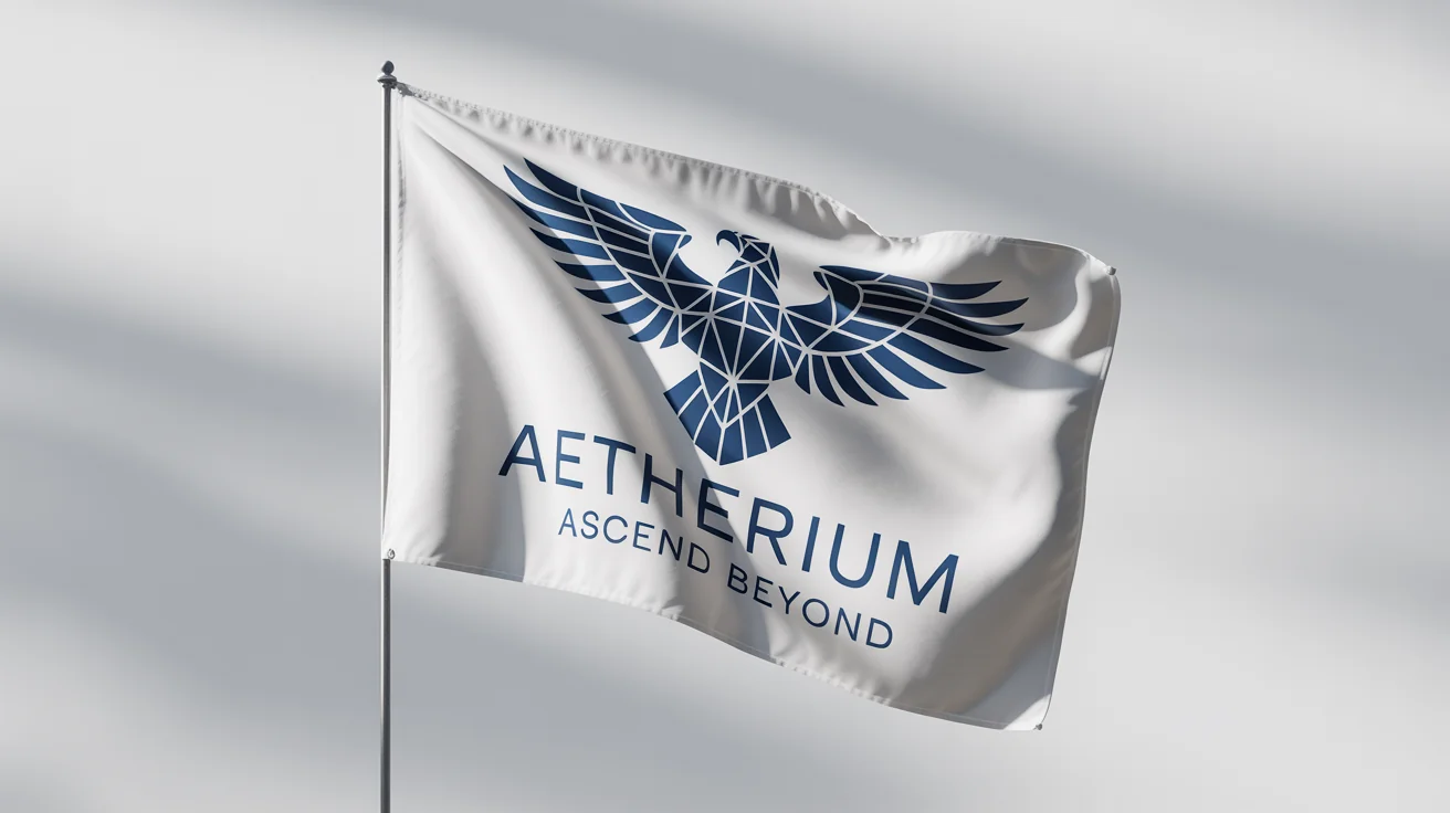 A photorealistic mockup of a flag on a pole against a white background, featuring a navy blue eagle and the legible text 'AETHERIUM' and 'ASCEND BEYOND'.