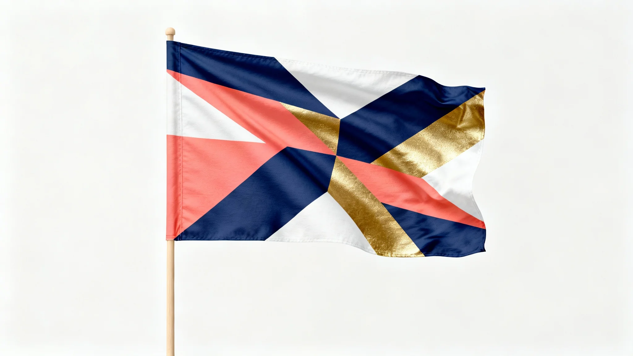A mockup of a custom flag with a modern abstract design in blue, coral, and gold, waving gently on a wooden pole against a plain white background.