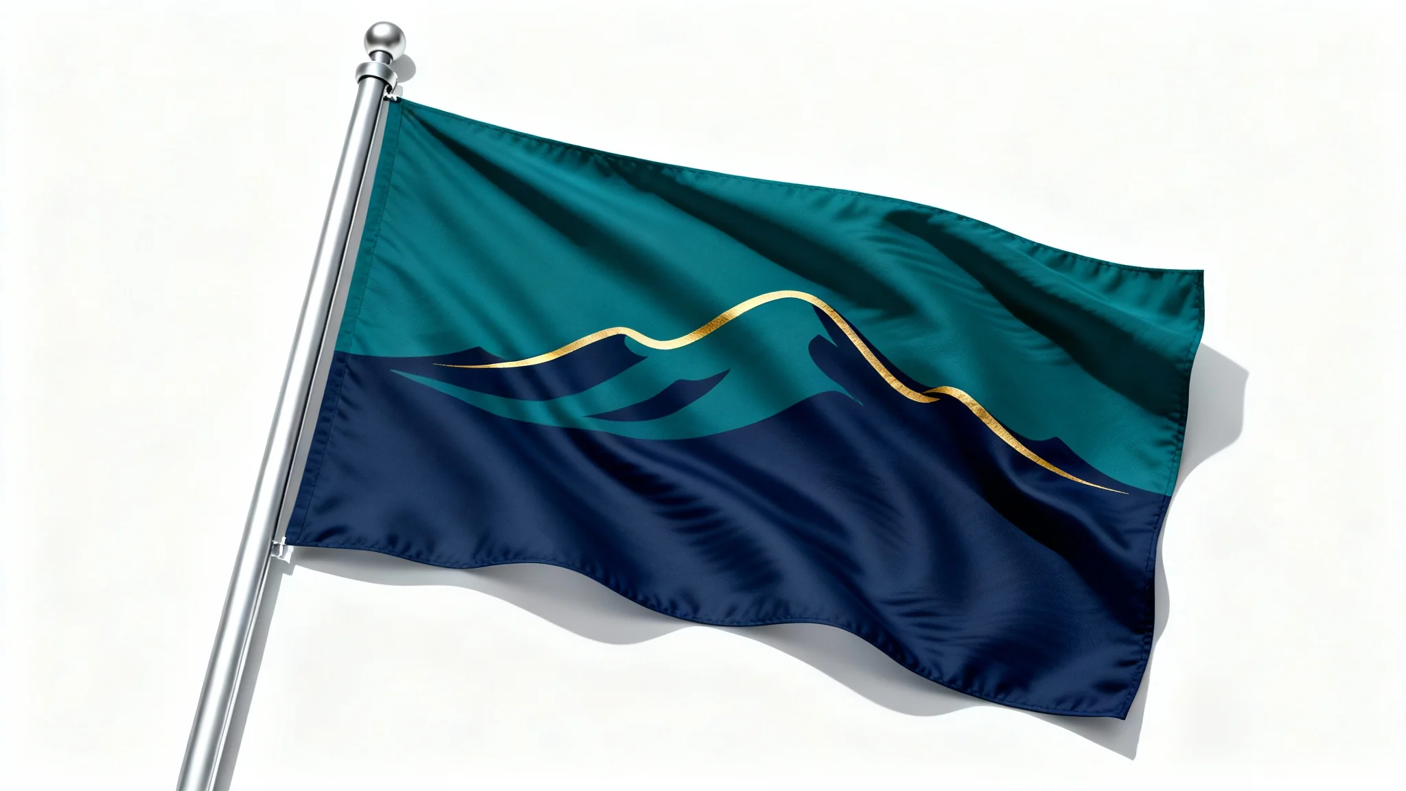 A photorealistic mockup of a custom-designed flag with a minimalist mountain range graphic in teal and navy blue, waving gently on a silver flagpole against a plain white background.
