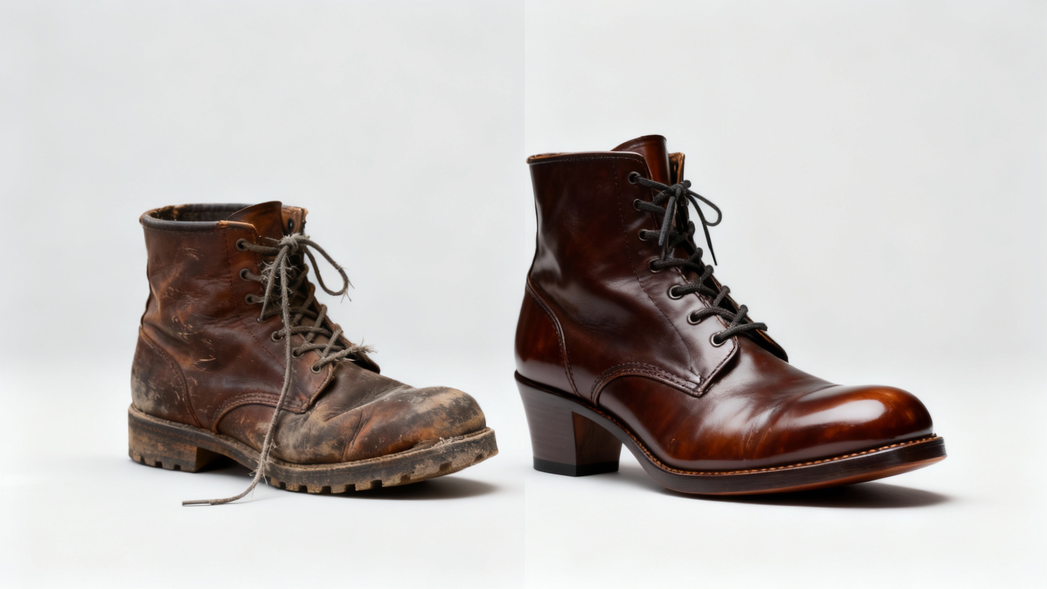 A split-screen before and after image of a shoe repair. The left shows a scuffed, worn brown boot, and the right shows the same boot perfectly restored, polished, and with a new sole.