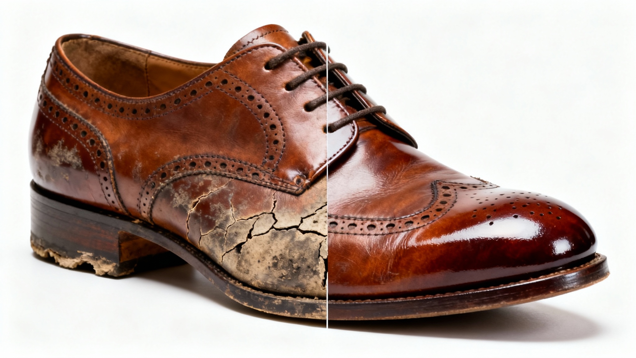 A photorealistic image of a single brown leather shoe, split down the middle to show the effects of shoe repair. The left side is scuffed and worn out, while the right side is perfectly polished, shiny, and looks brand new.
