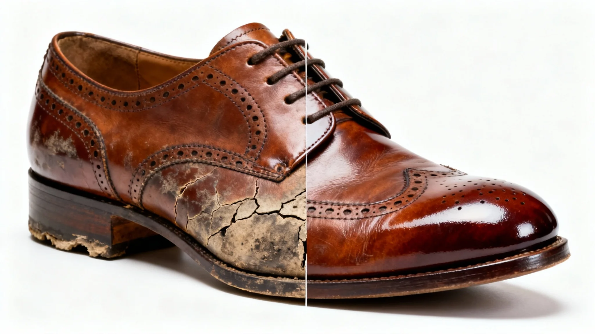 A photorealistic image of a single brown leather shoe, split down the middle to show the effects of shoe repair. The left side is scuffed and worn out, while the right side is perfectly polished, shiny, and looks brand new.