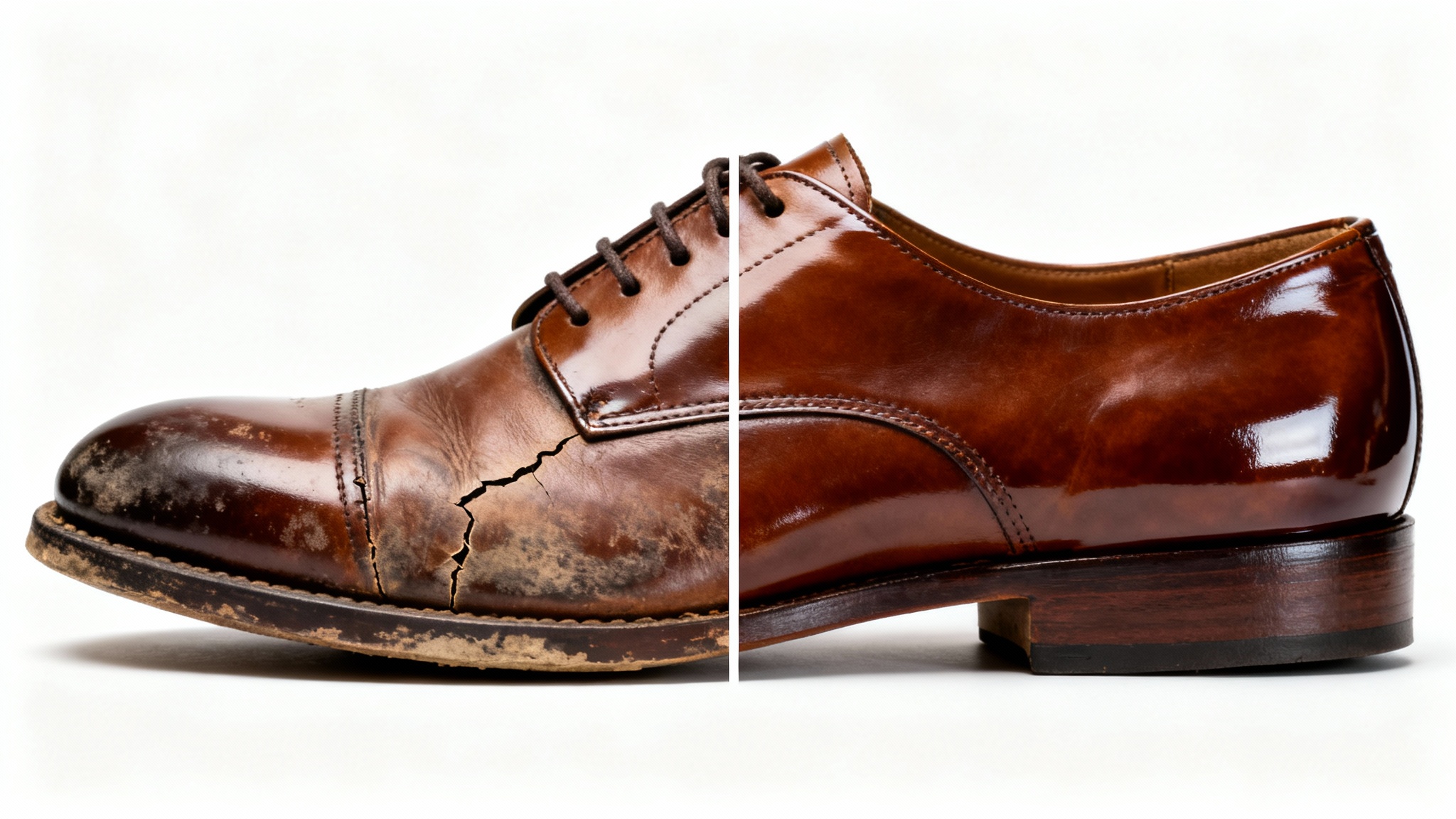 A single leather shoe split in two to show a before and after comparison: the left side is worn and scuffed, the right side is polished and looks new, demonstrating a shoe repair service.