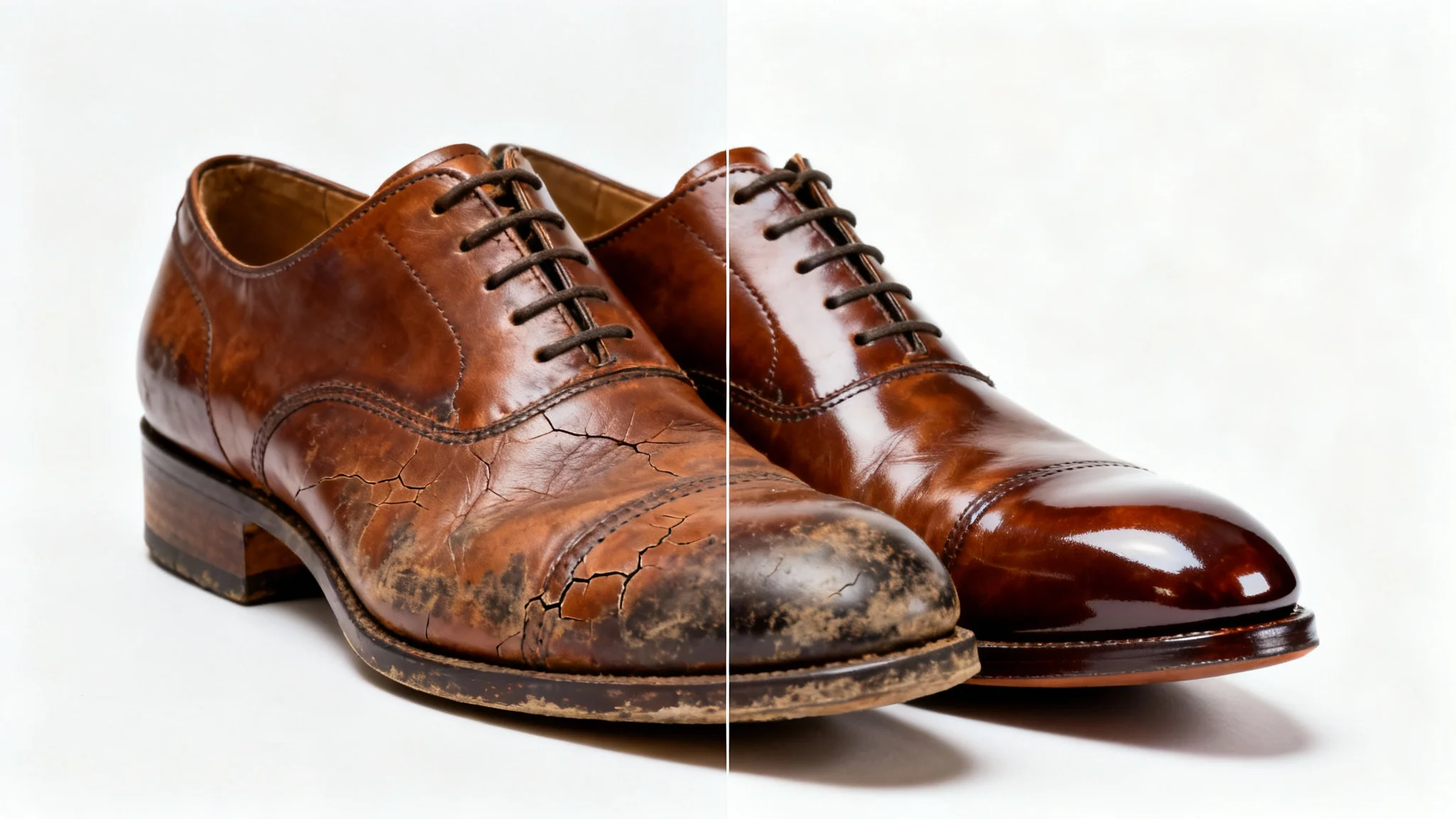 A side-by-side comparison image showing a shoe repair. On the left, a worn-out, scuffed brown leather shoe. On the right, the same shoe looking brand new, polished, and perfectly repaired.