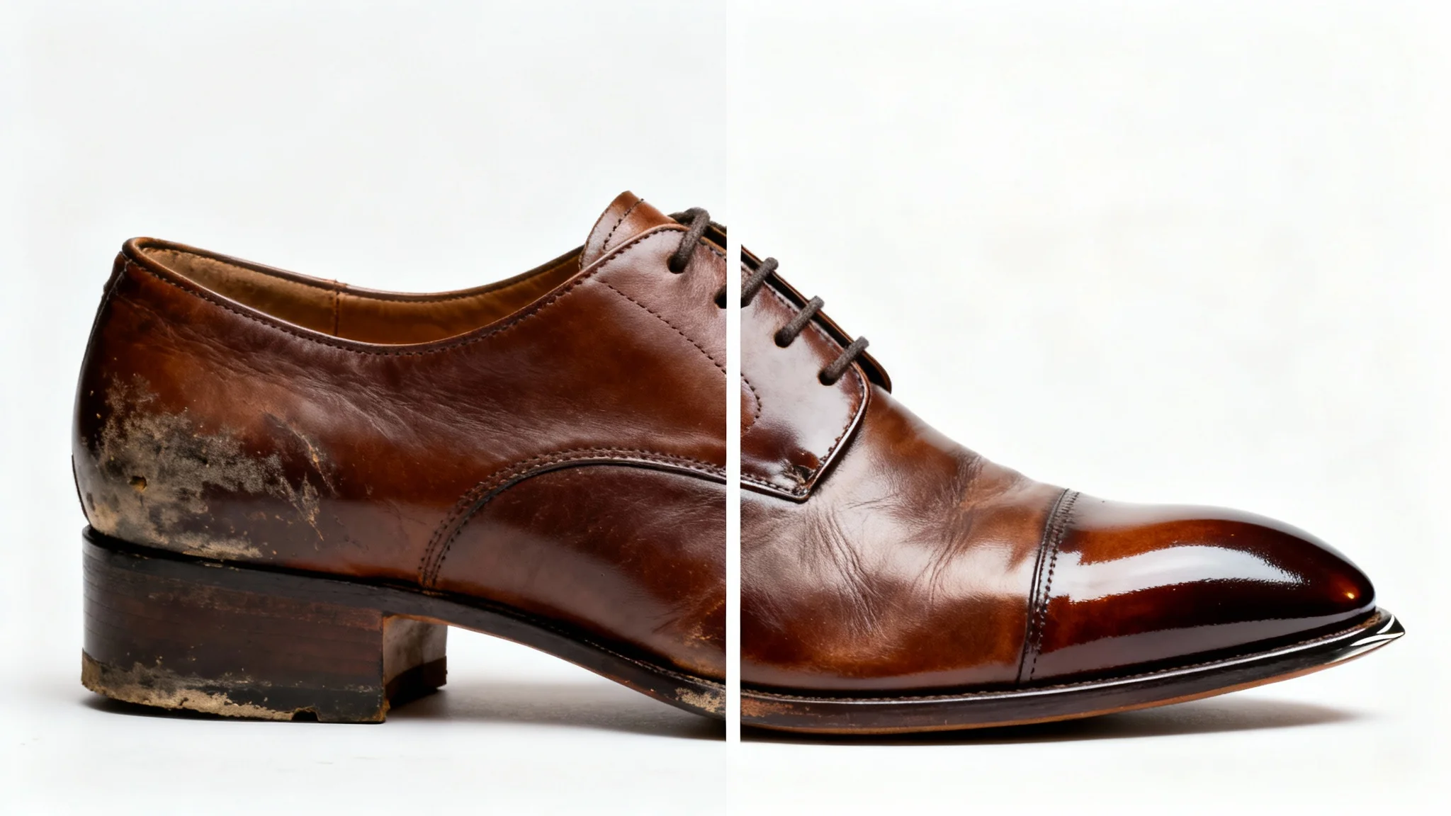 A side-by-side comparison of a shoe repair. The left side shows a worn, scuffed brown leather shoe, while the right side shows the same shoe perfectly repaired and polished, demonstrating a before-and-after effect.