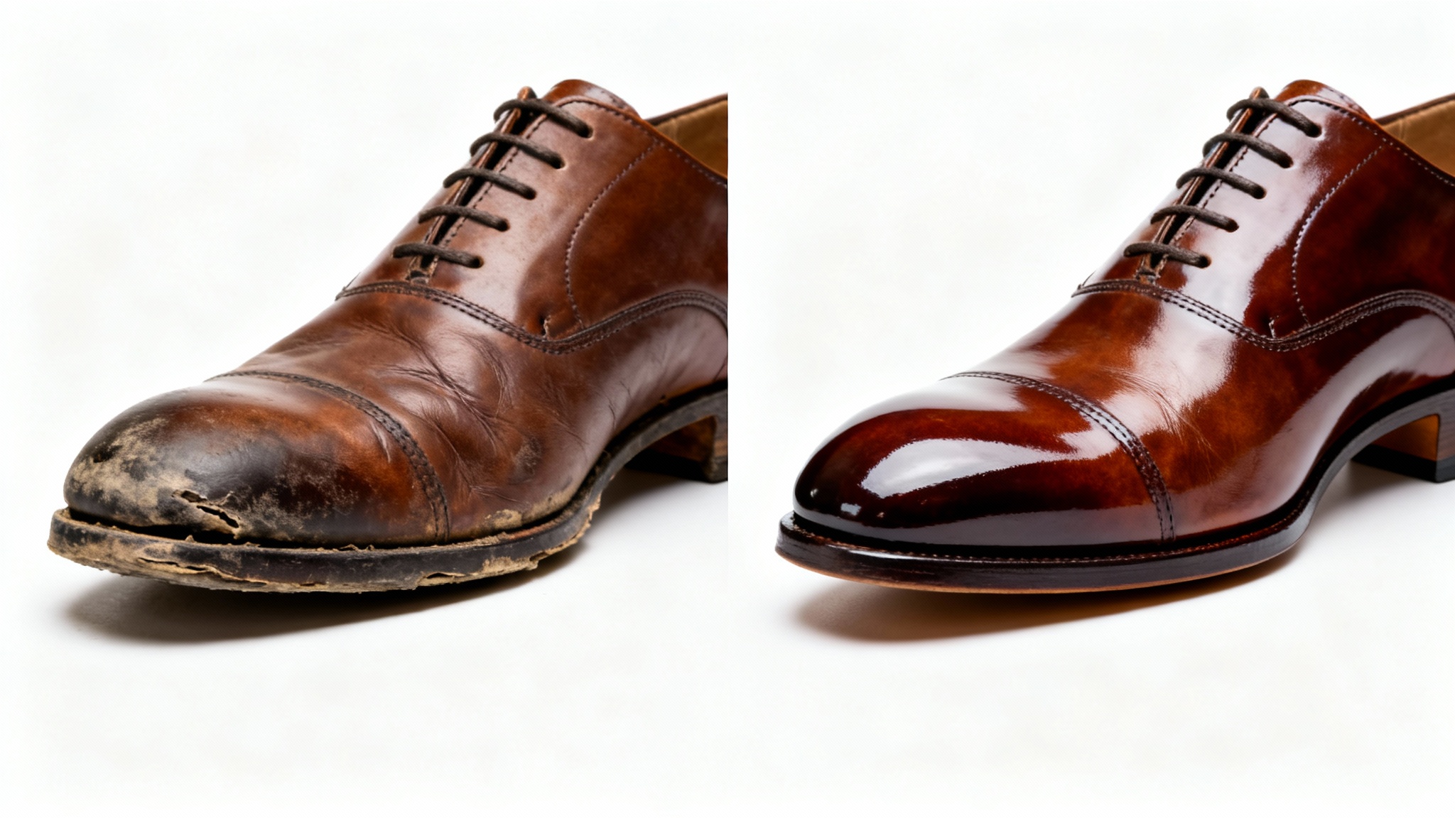 A before-and-after comparison of a shoe repair. The left side shows a worn, scuffed brown leather shoe. The right side shows the same shoe perfectly repaired and polished, looking brand new.