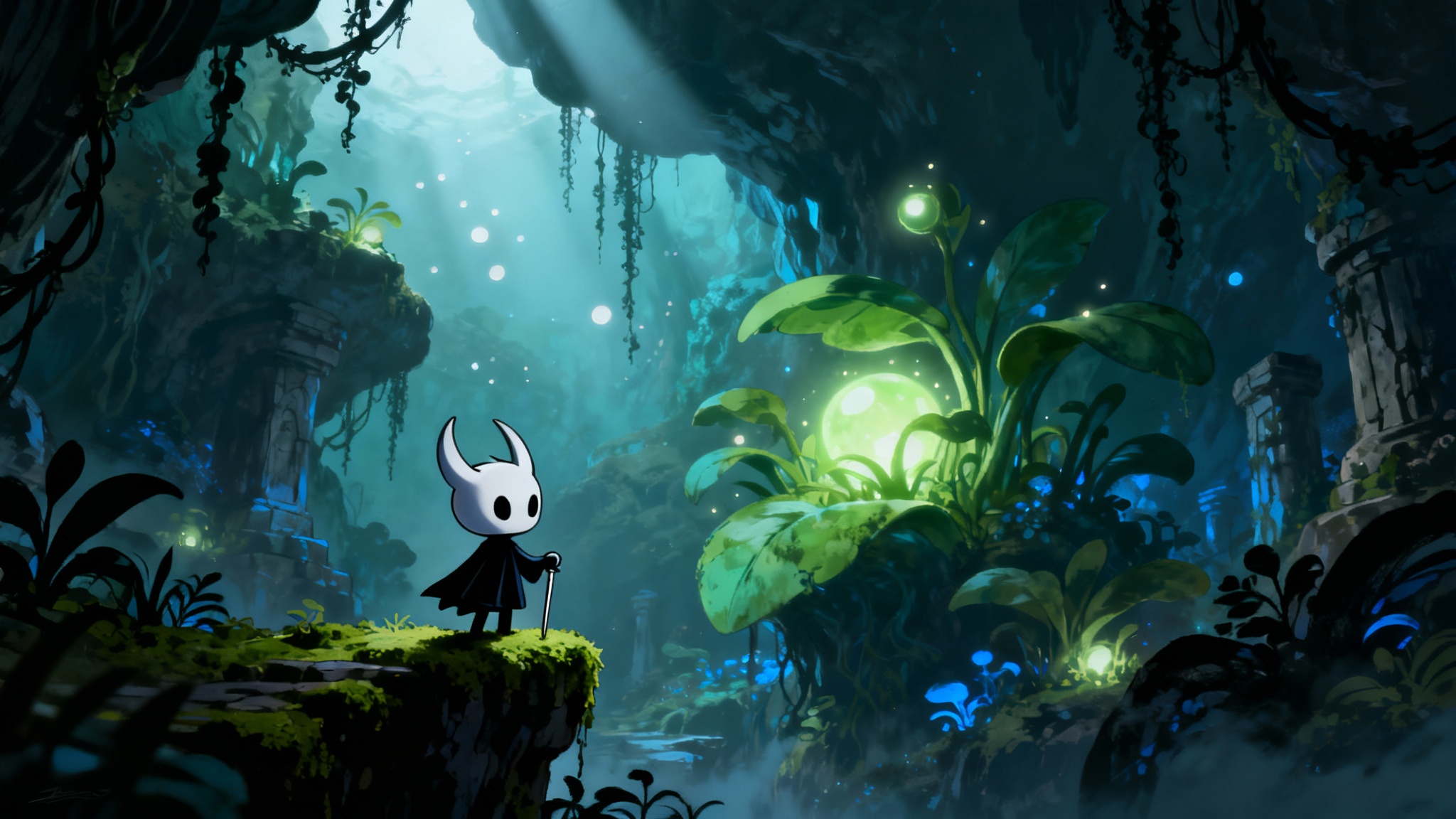 A digital painting in the style of the game Hollow Knight, showing the small Knight character standing in the lush, green, and cavernous area of Greenpath, conveying a sense of grand scale and adventure.