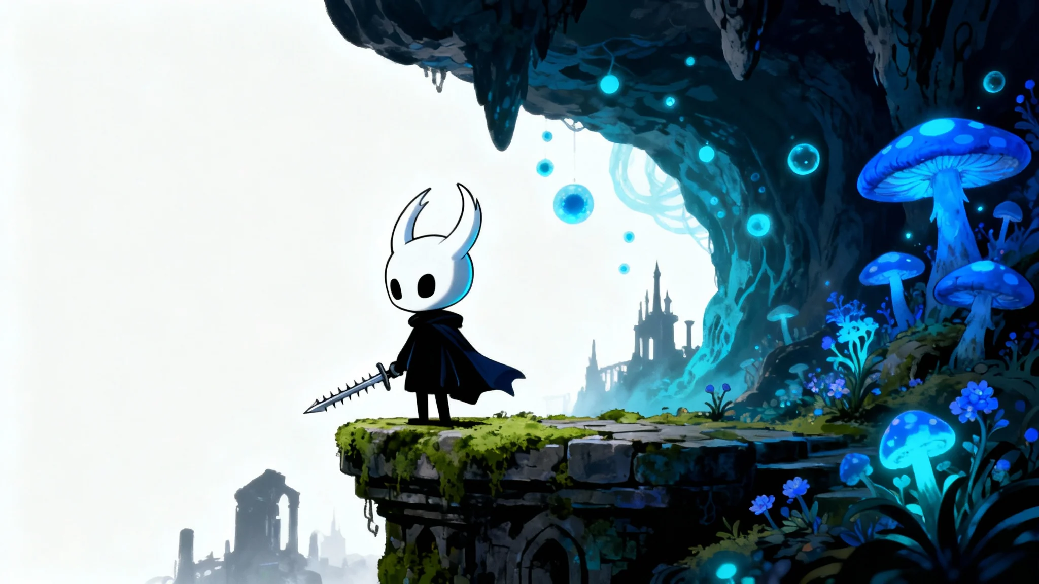 A digital painting in the art style of Hollow Knight, featuring the small Knight character standing on a ledge overlooking a vast, dark cavern with glowing blue mushrooms. The artwork is set against a white background.