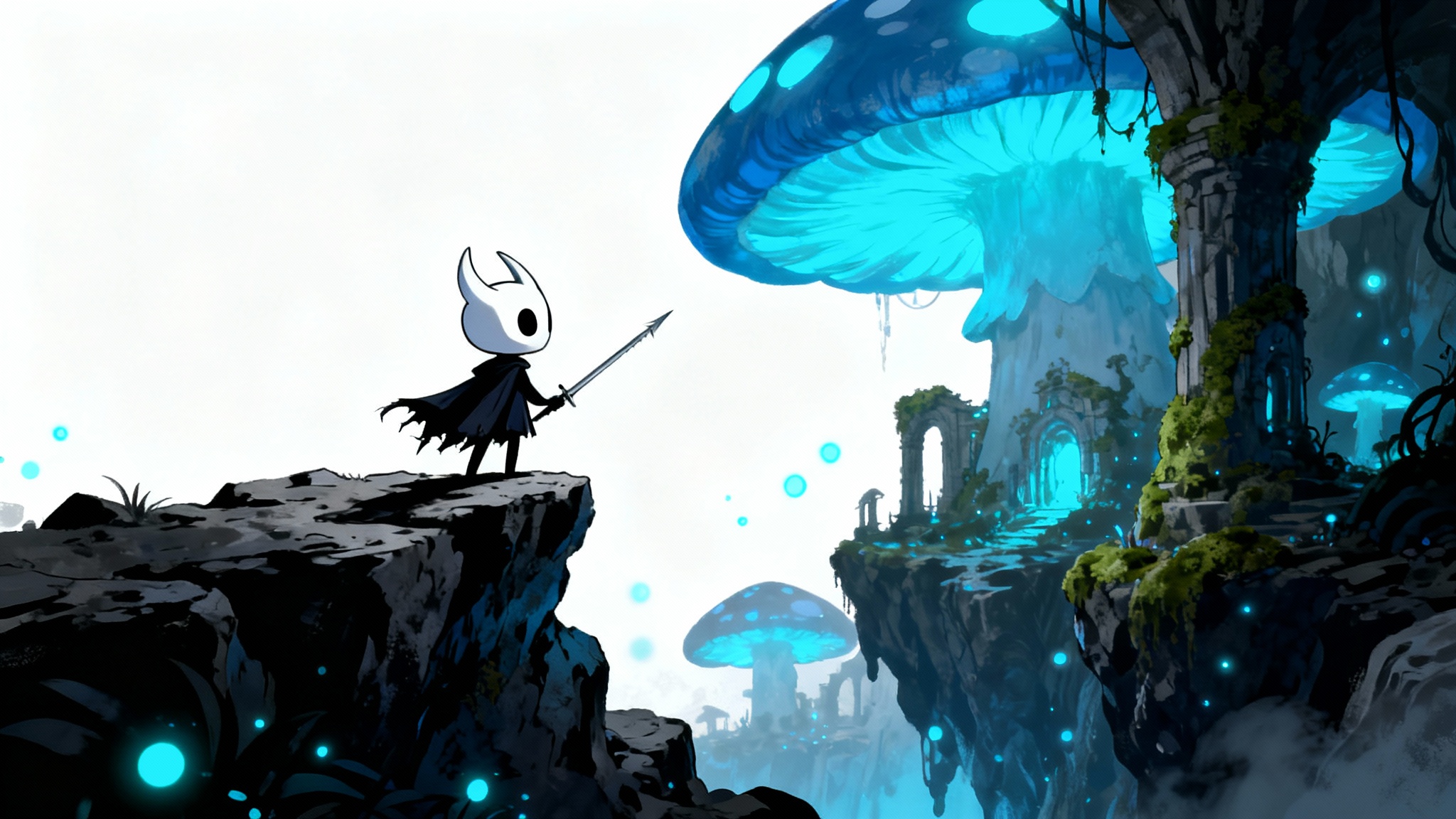 A digital painting in the art style of Hollow Knight, featuring a small bug-like knight standing on a cliff overlooking a dark cavern illuminated by glowing mushrooms, presented on a white background.