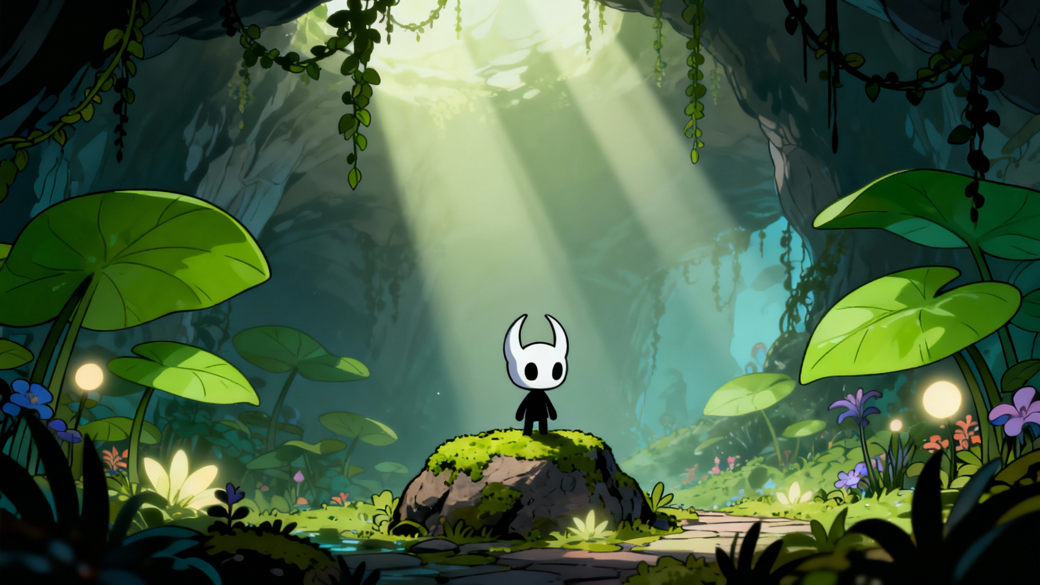 A digital illustration in the style of the video game Hollow Knight, featuring the small Knight character standing in the lush, green, and atmospheric environment of Greenpath.