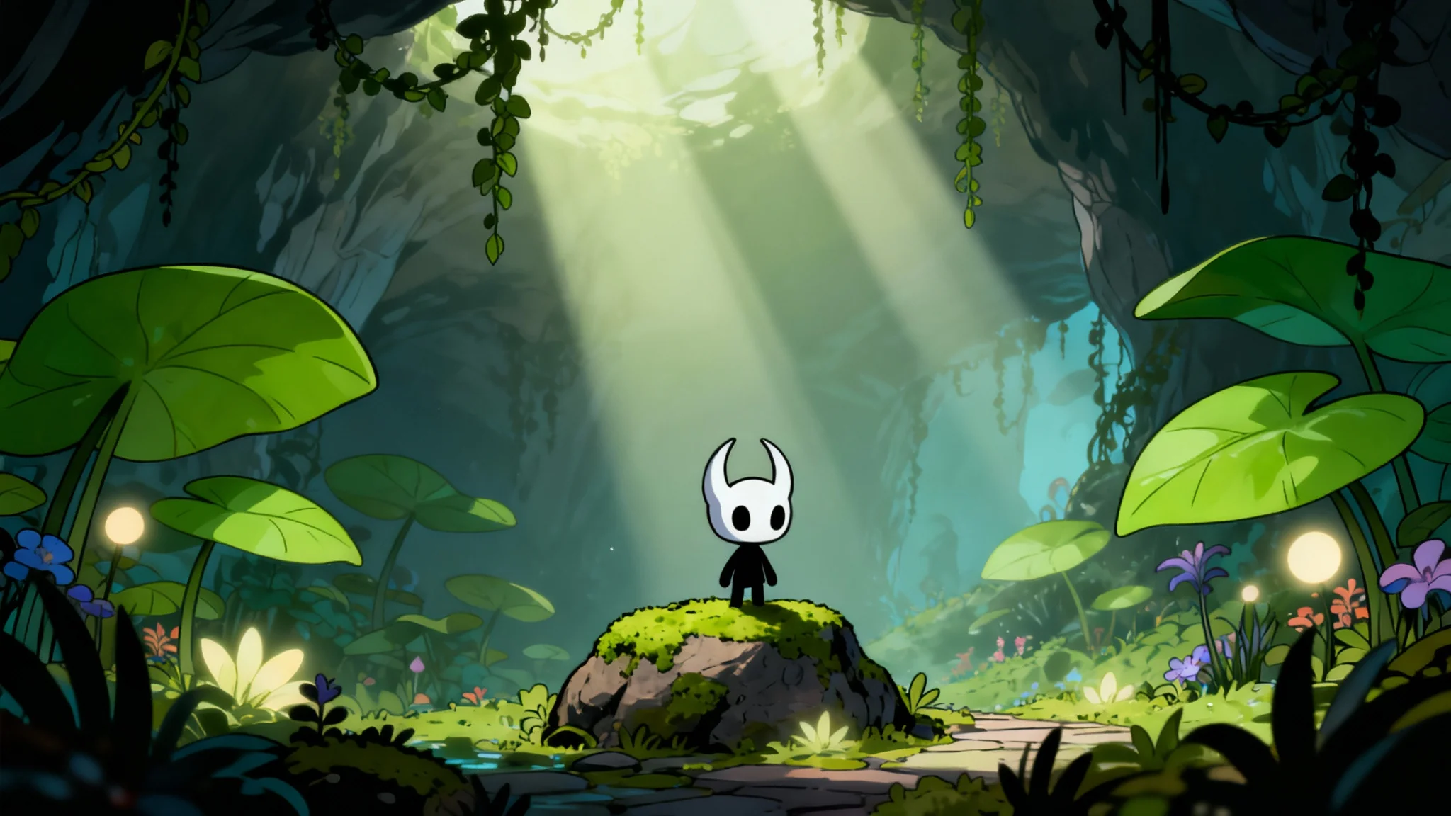 A digital illustration in the style of the video game Hollow Knight, featuring the small Knight character standing in the lush, green, and atmospheric environment of Greenpath.