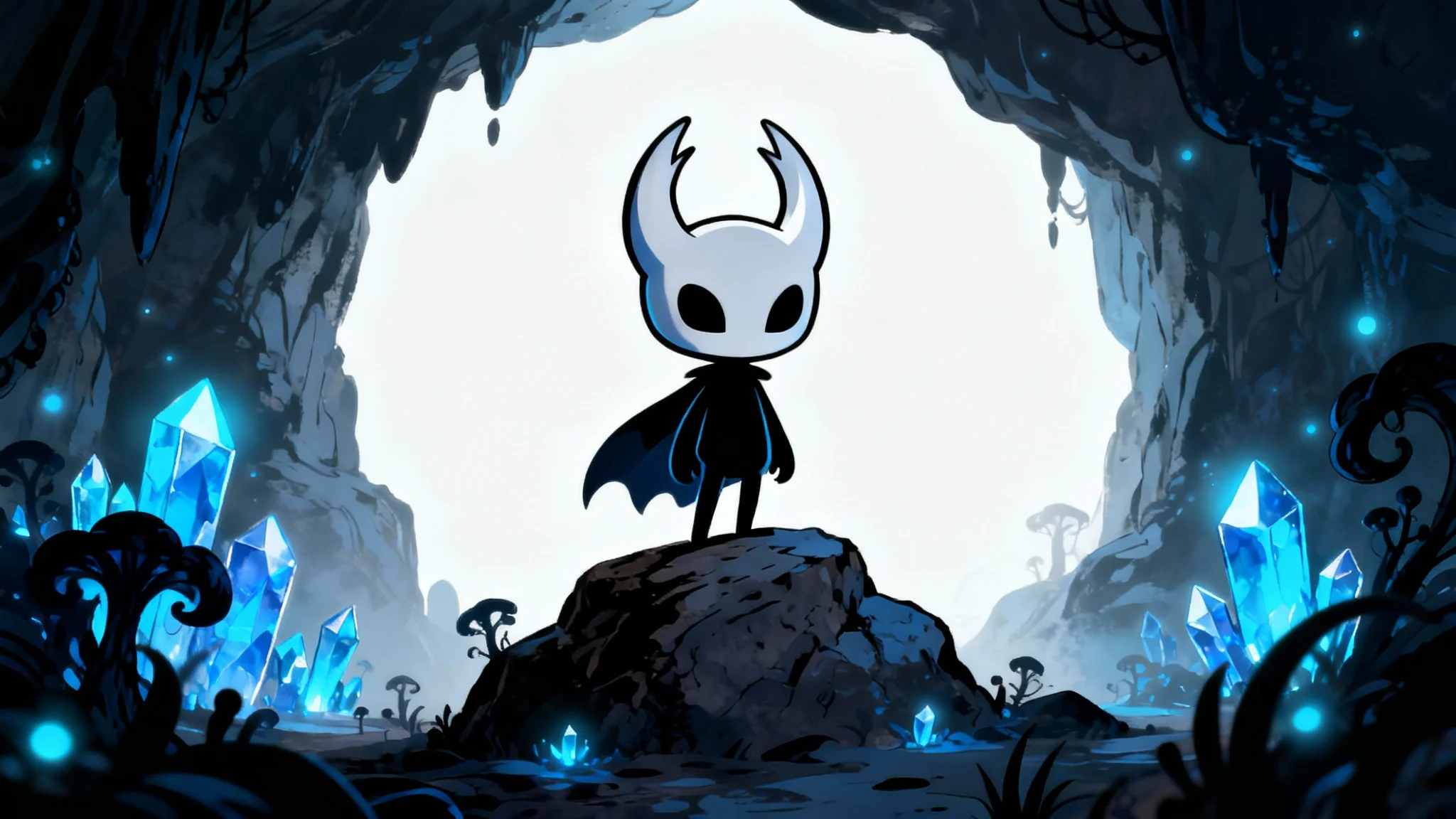A digital art piece in the style of Hollow Knight, featuring The Knight standing on a rock in a dark, glowing blue cavern. The artwork is presented as a mockup against a plain white background.