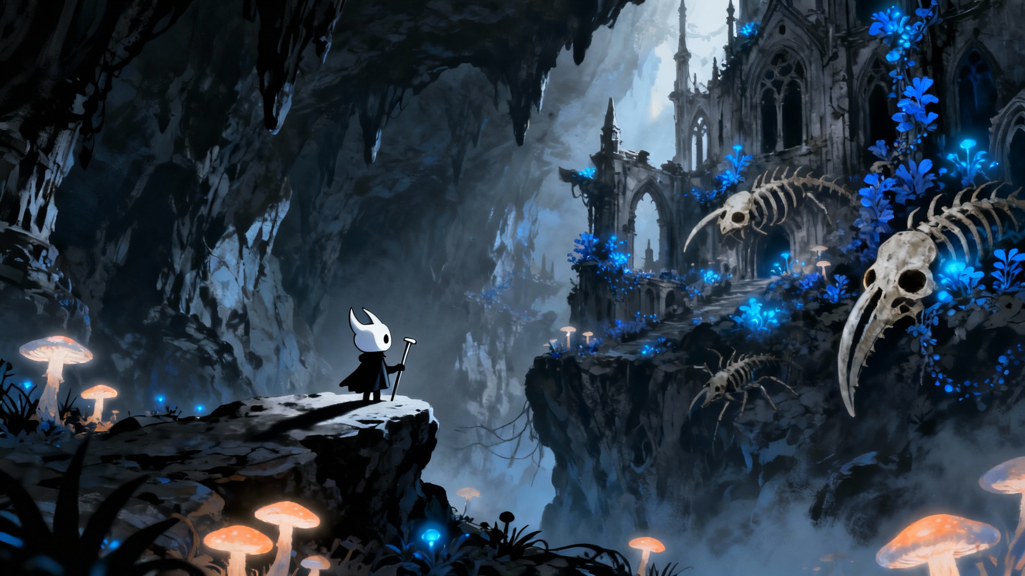 A digital art piece in the style of the game Hollow Knight, showing the small Knight character looking out over a vast, dark cavern filled with ancient ruins and glowing blue plants.