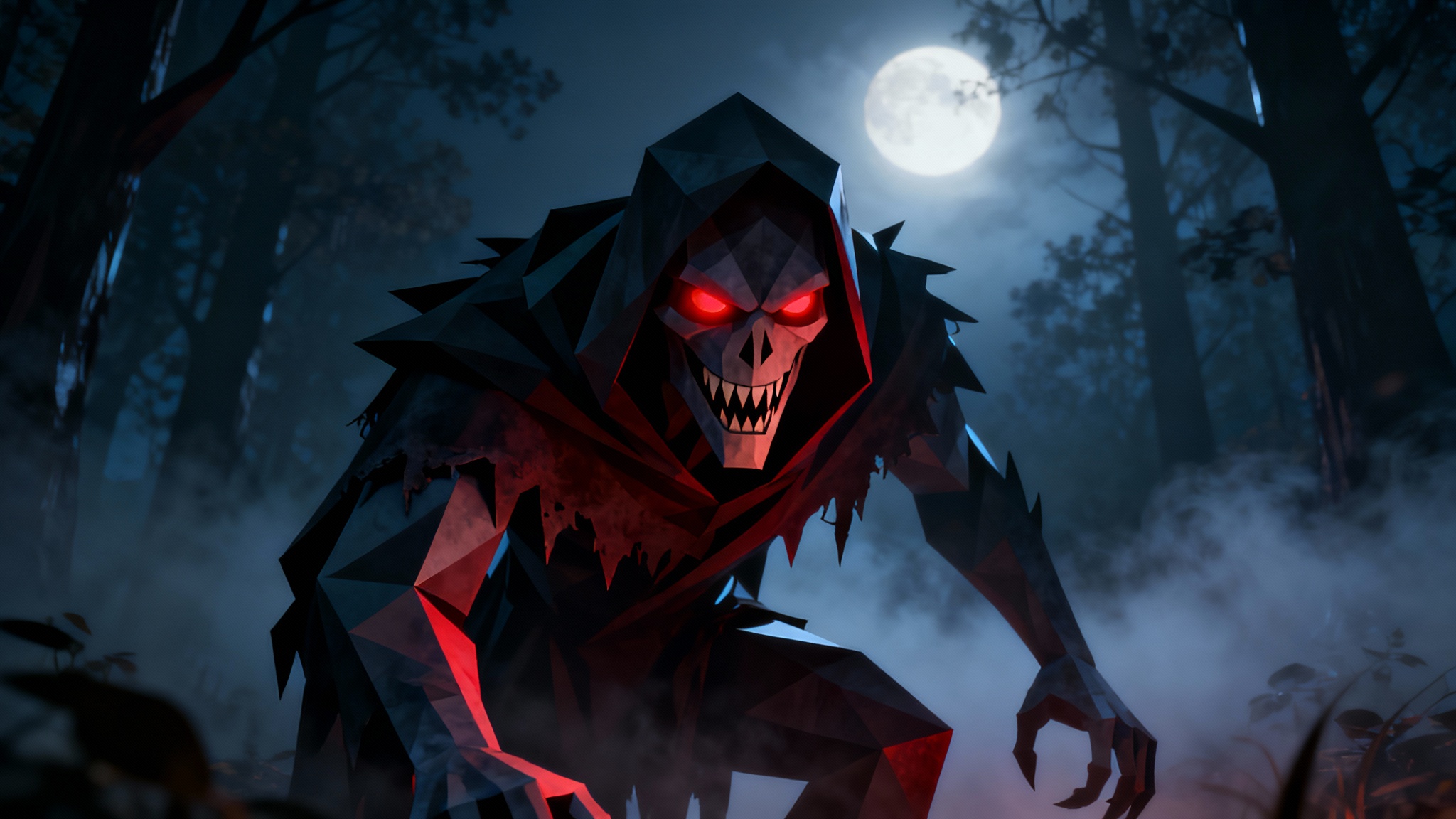 A finished 3D render of a low-poly horror monster with glowing red eyes, standing in a dark, foggy forest at night, presented as a final game asset.