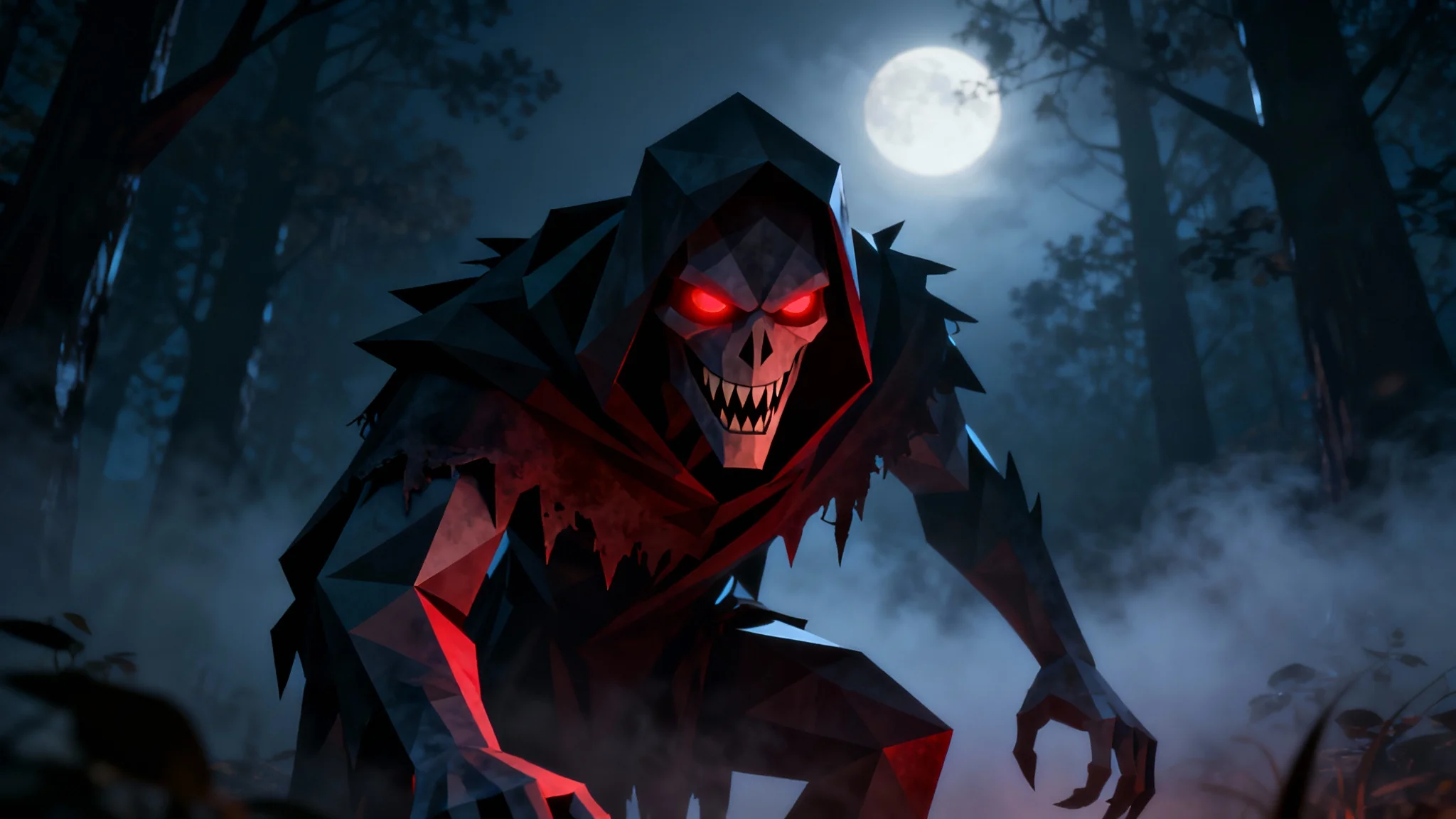 A finished 3D render of a low-poly horror monster with glowing red eyes, standing in a dark, foggy forest at night, presented as a final game asset.