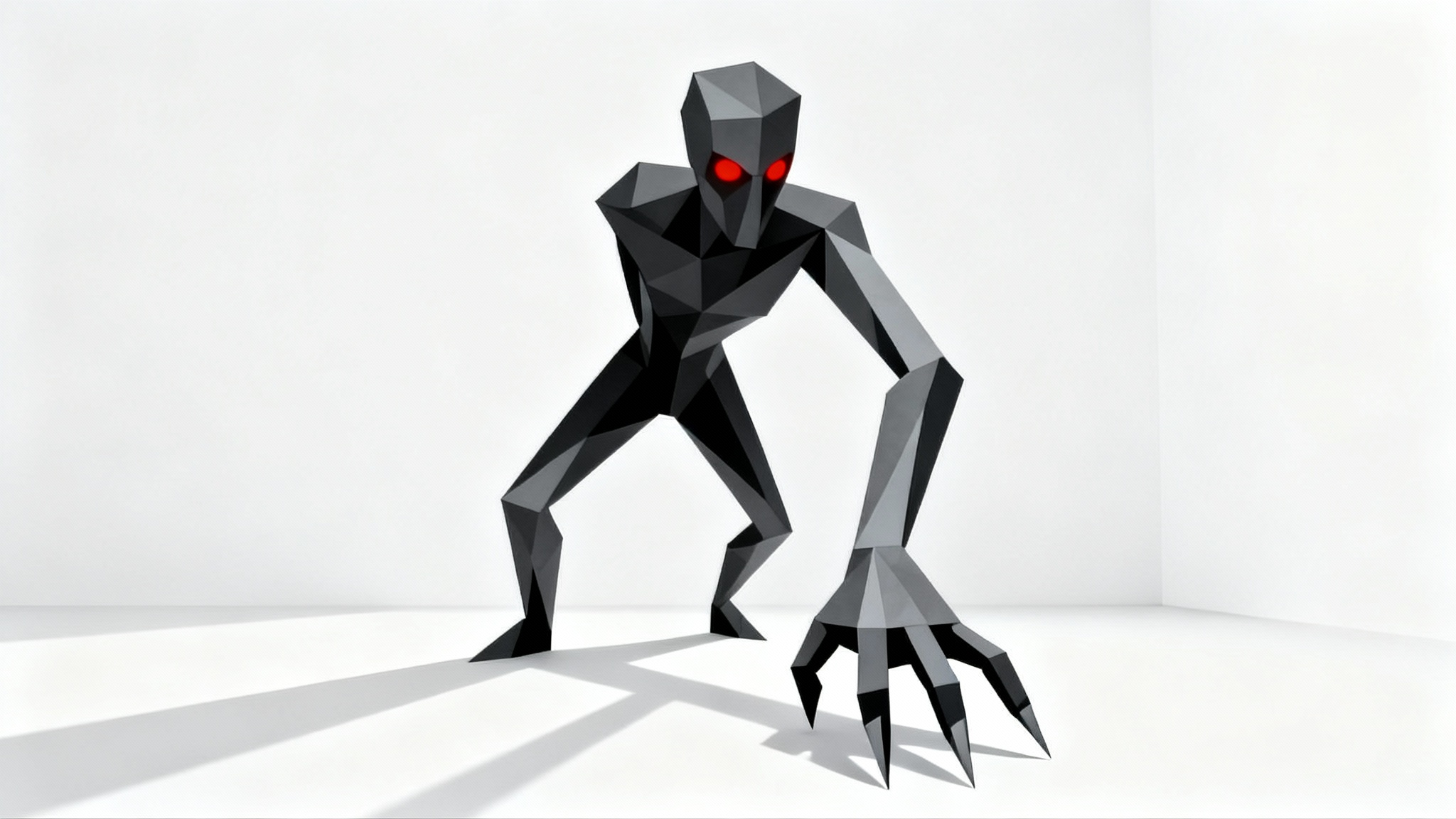 A stylized 3D rendering of a low poly horror character, appearing as a dark, angular figure with glowing red eyes against a plain white background.