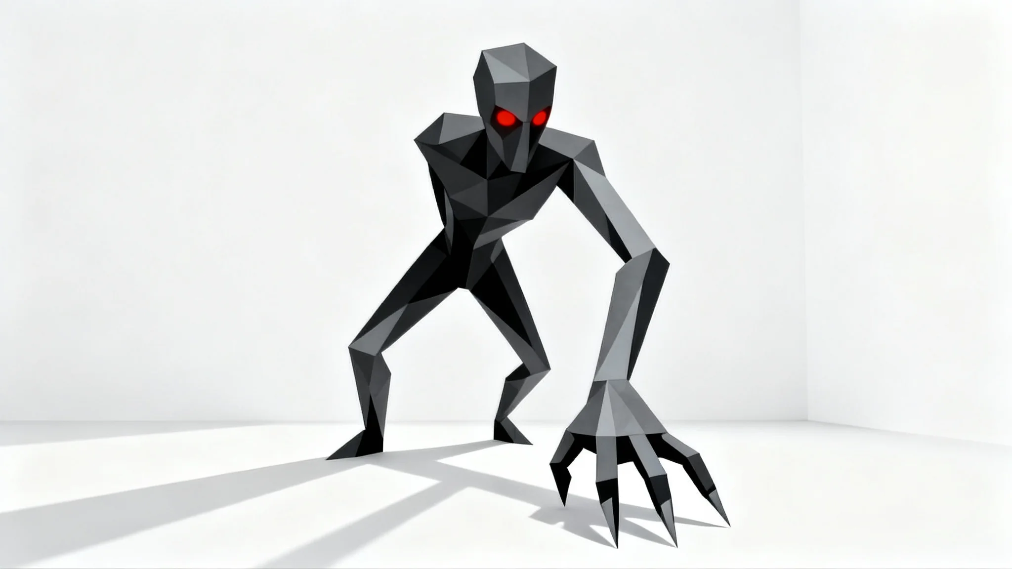 A stylized 3D rendering of a low poly horror character, appearing as a dark, angular figure with glowing red eyes against a plain white background.