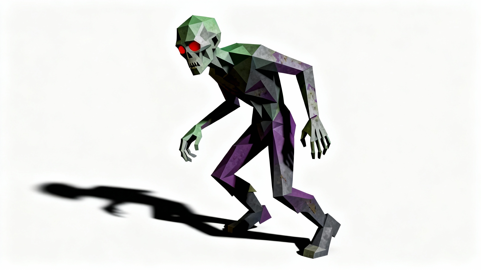 A 3D model of a horror zombie character in a low-poly style, featuring sharp geometric angles and glowing red eyes, set against a plain white background.
