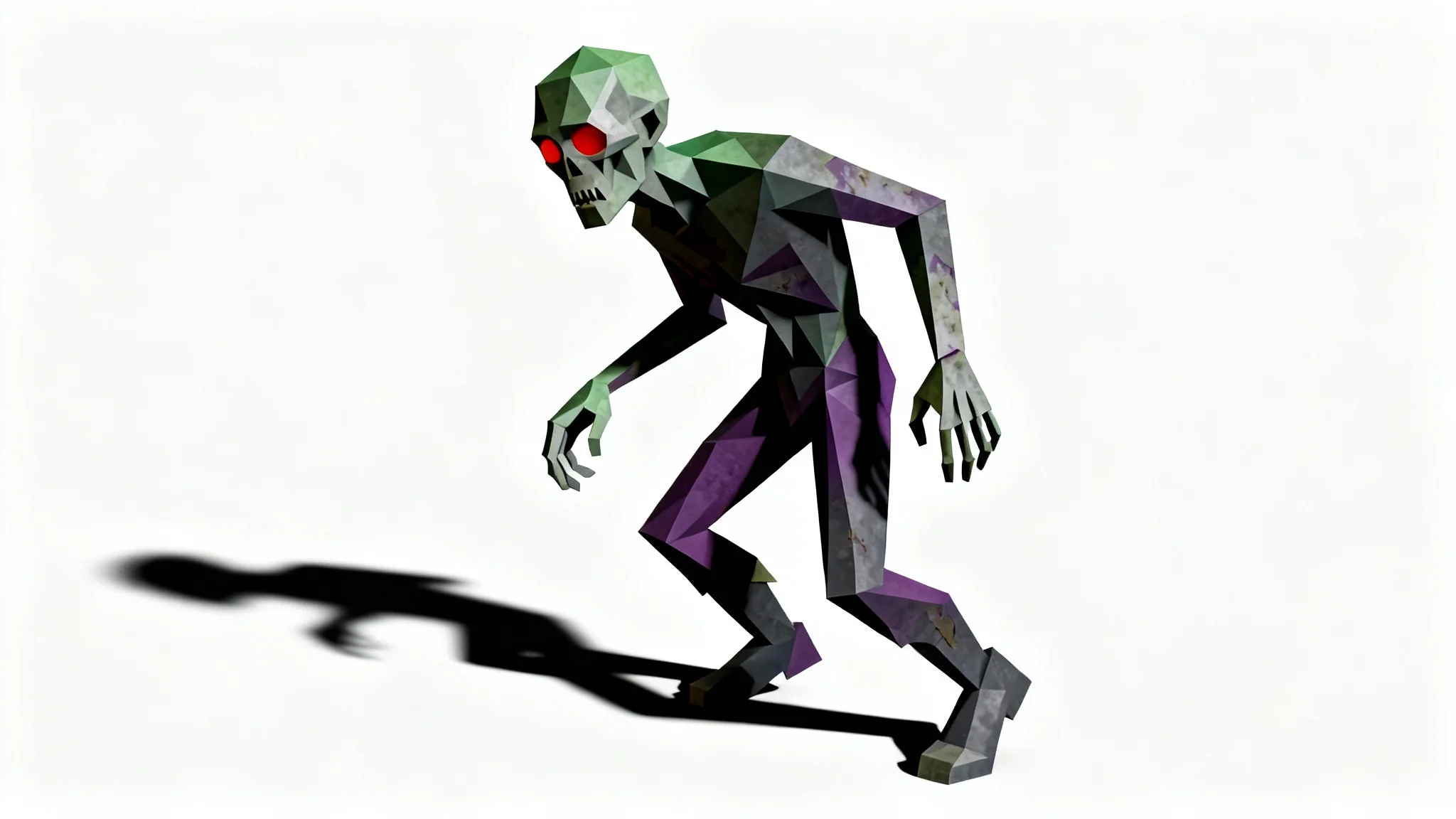 A 3D model of a horror zombie character in a low-poly style, featuring sharp geometric angles and glowing red eyes, set against a plain white background.