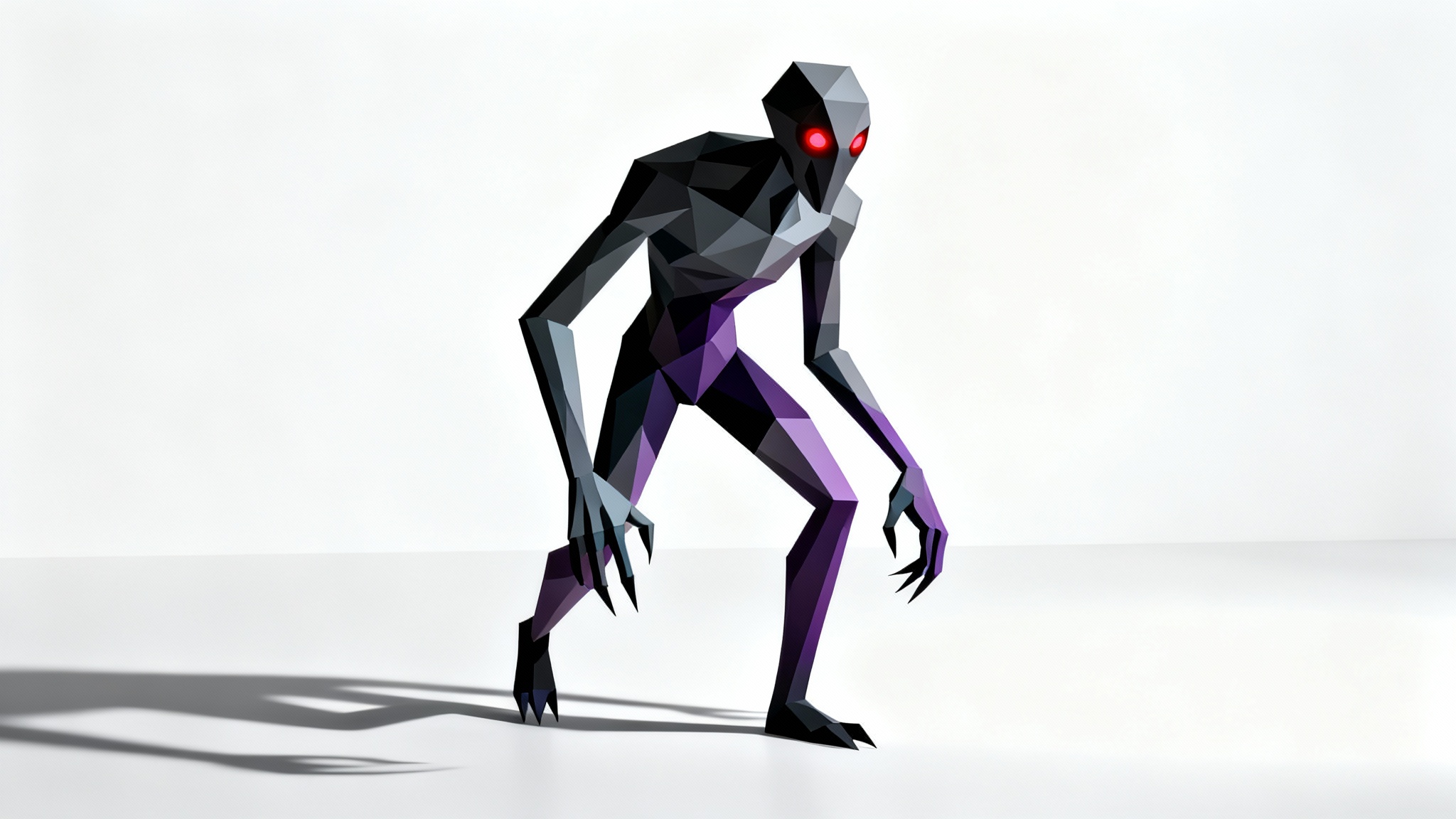 A 3D digital rendering of a low-poly horror character. The tall, dark, and angular figure has glowing red eyes and is posed menacingly against a stark white background.