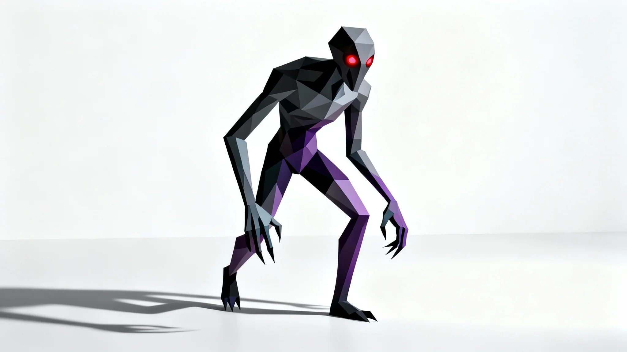 A 3D digital rendering of a low-poly horror character. The tall, dark, and angular figure has glowing red eyes and is posed menacingly against a stark white background.