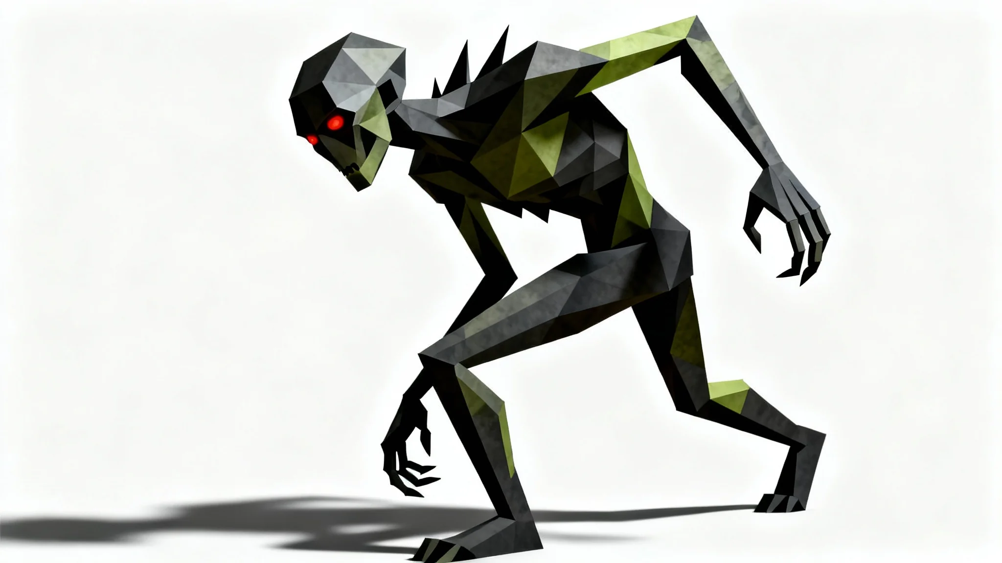 A terrifying low poly horror character rendered in 3D against a plain white background. The creature is dark, angular, and has glowing red eyes, captured in a menacing pose.