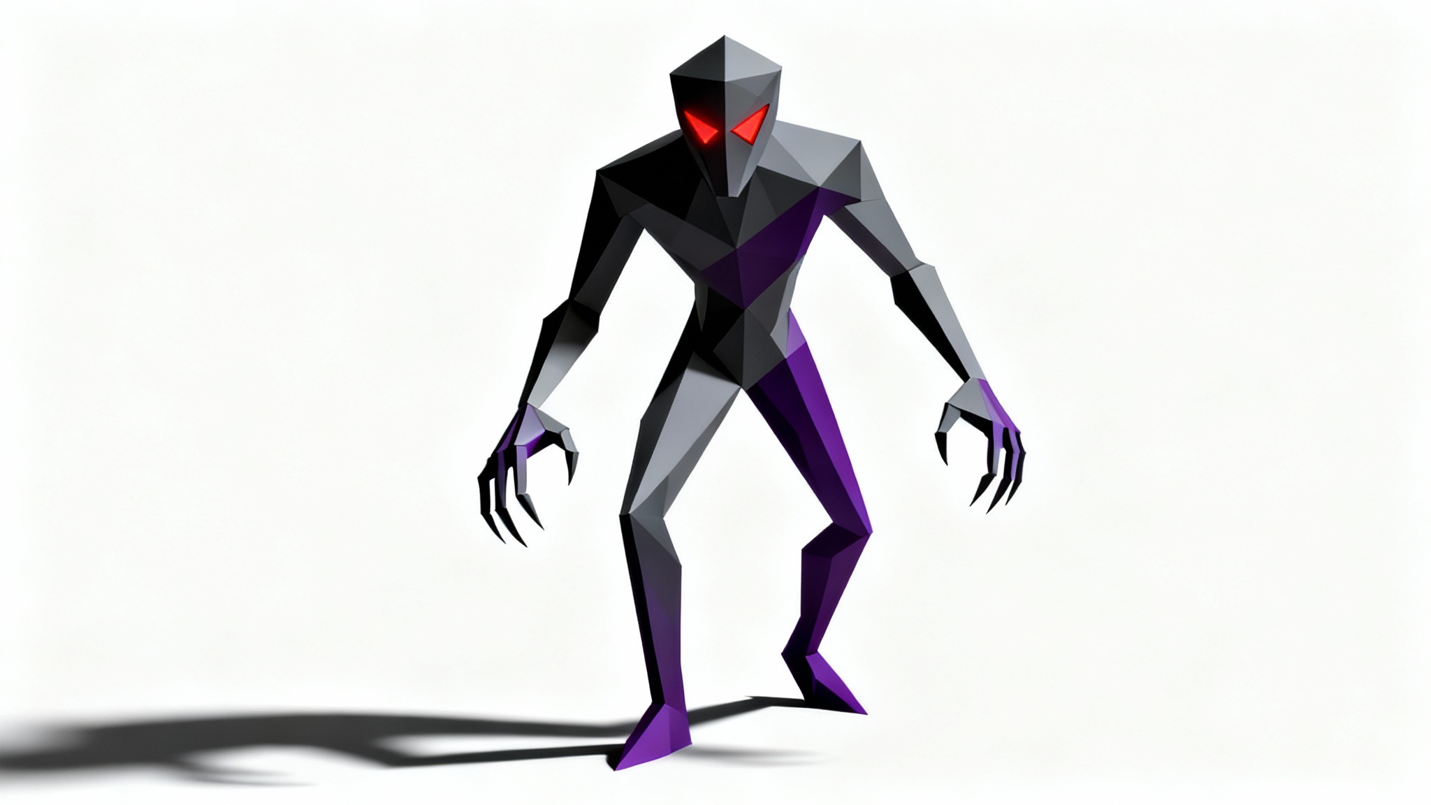 A 3D rendering of a low-poly horror character with a shadowy, angular body and glowing red eyes, standing on a white background.