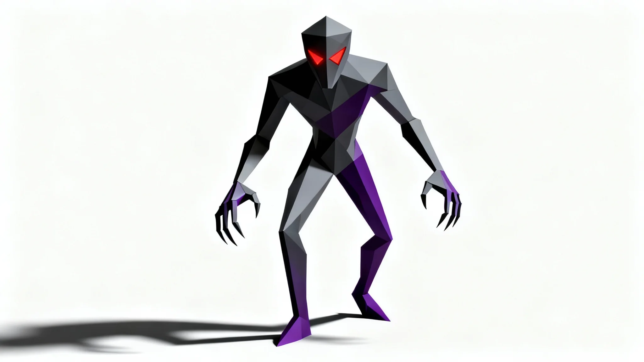 A 3D rendering of a low-poly horror character with a shadowy, angular body and glowing red eyes, standing on a white background.