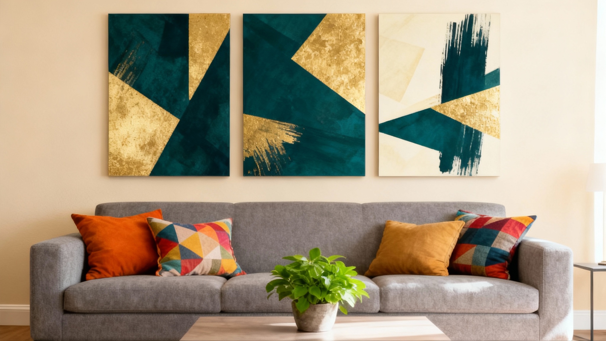 A beautifully decorated modern living room featuring a triptych of abstract teal and gold art hanging above a comfortable gray sofa.