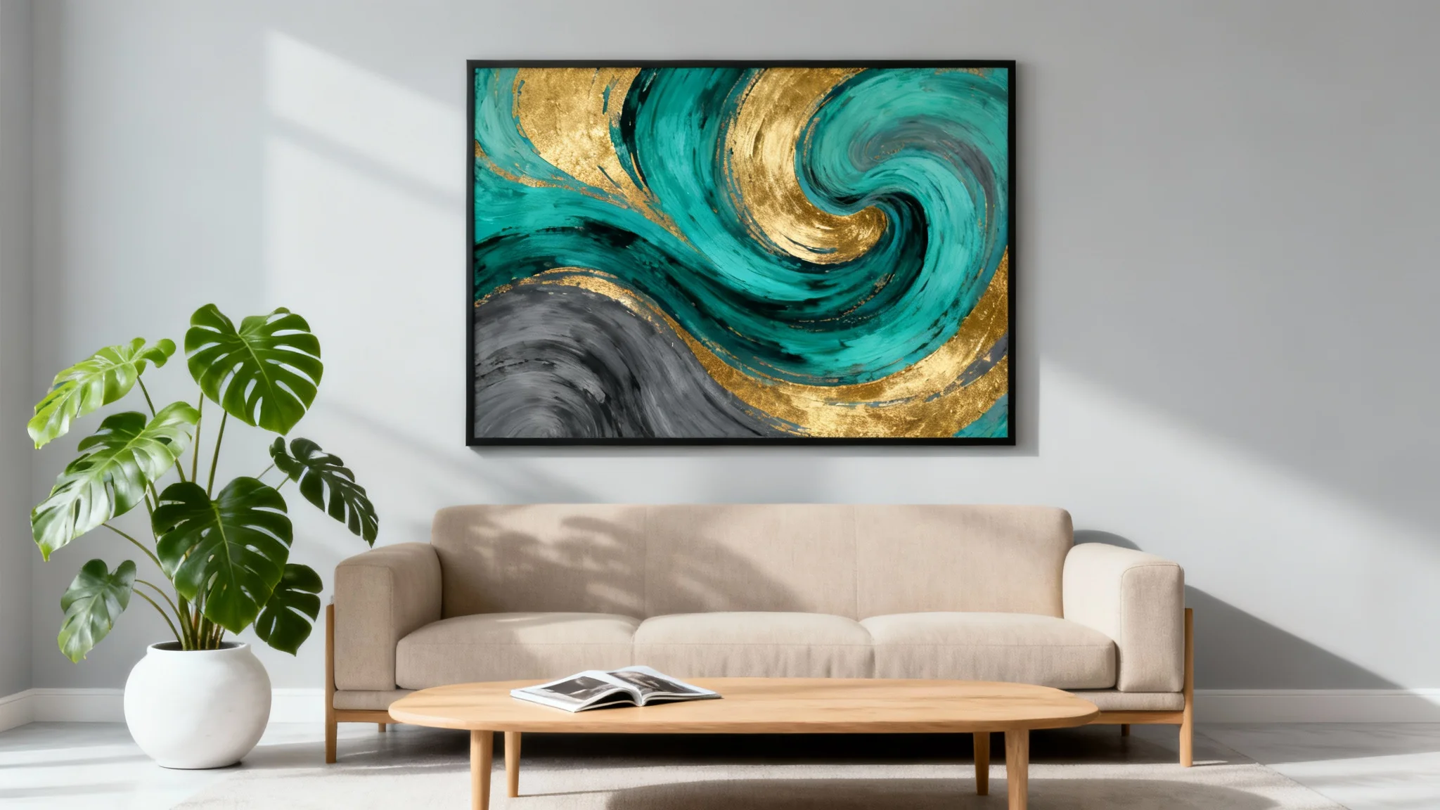 A stylish living room mockup showcasing a large abstract painting with teal and gold accents hanging on a gray wall above a modern beige sofa.