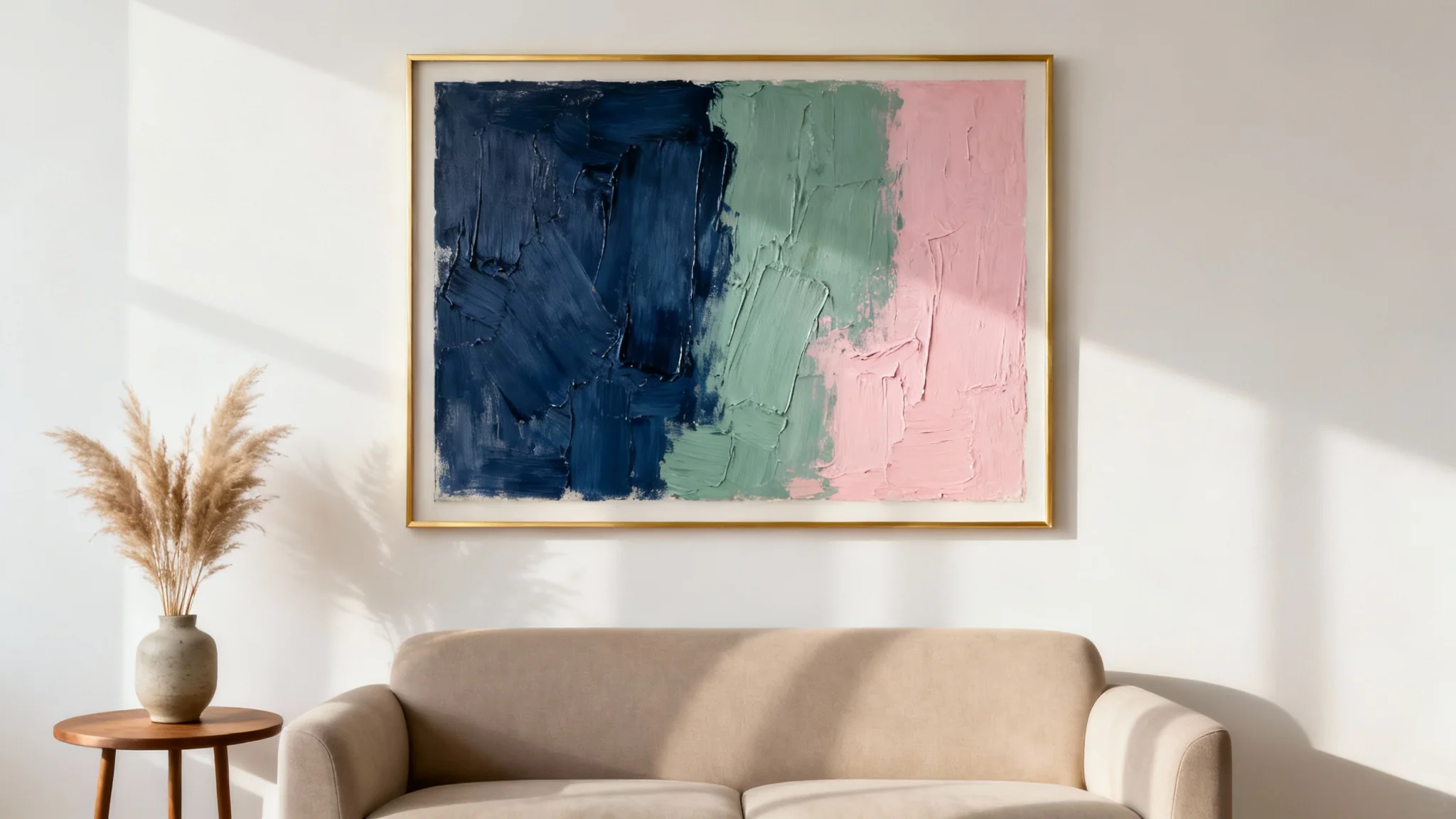A close-up of a modern living room featuring a large abstract painting with blue and green tones in a gold frame, hanging on an off-white wall above a beige sofa.