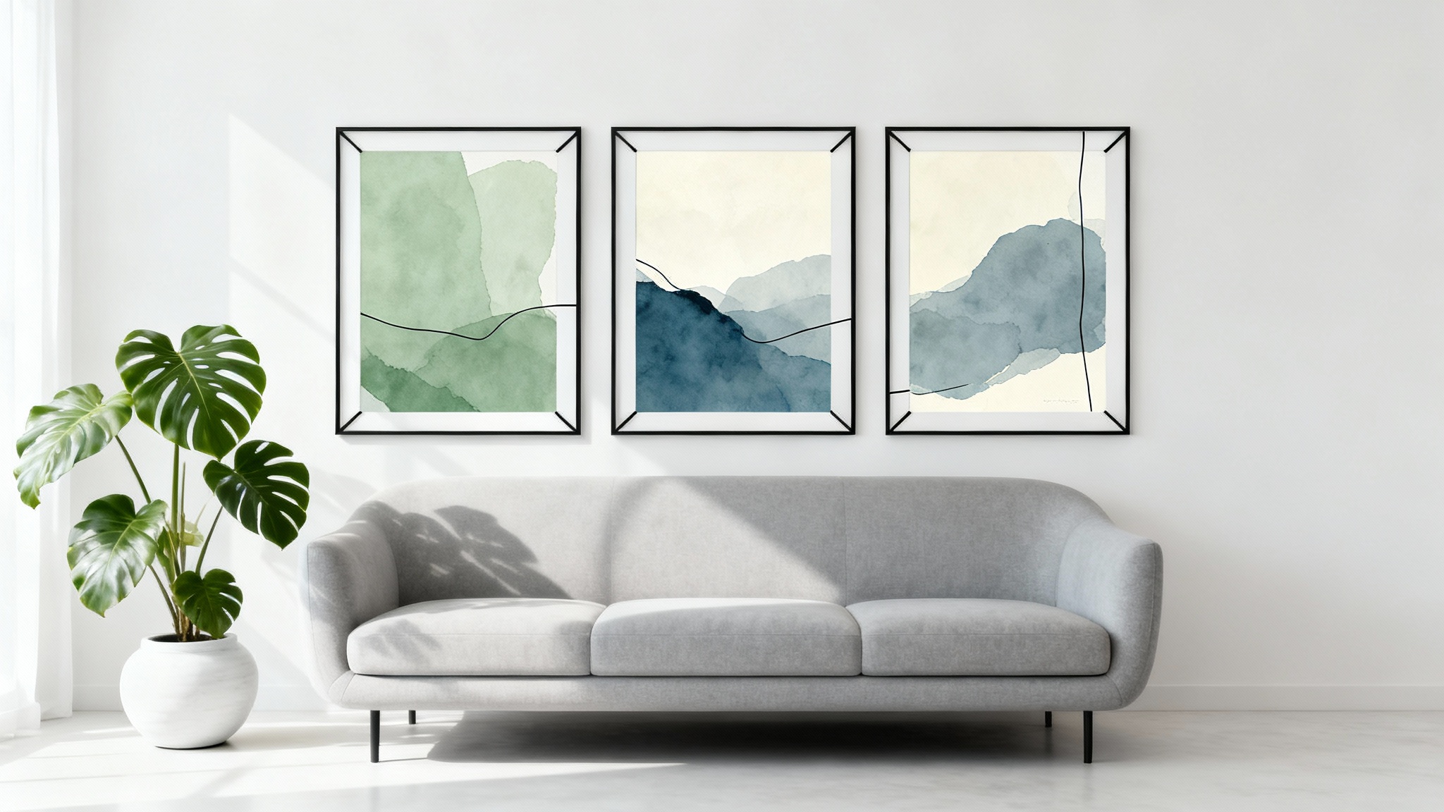 A stylish, minimalist living room featuring a gray sofa against a white wall. Above the sofa hangs a set of three framed abstract art prints with green and blue tones.