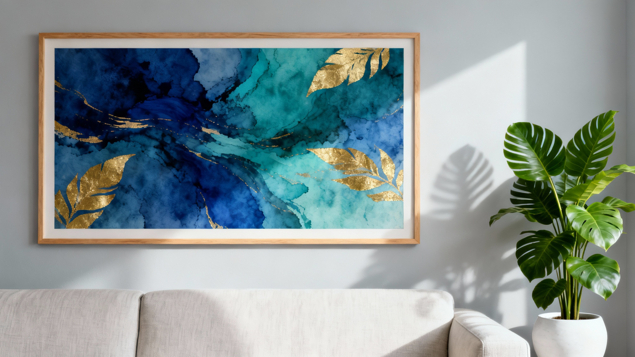 A photorealistic mockup of a modern living room featuring a large abstract painting with blue and gold tones, hanging on a light gray wall above a sofa.
