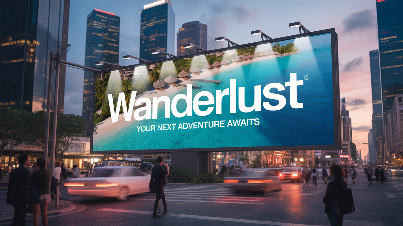 A photorealistic mockup of a large billboard in a busy city at dusk, displaying a professional advertisement for a fictional travel app called 'Wanderlust'.