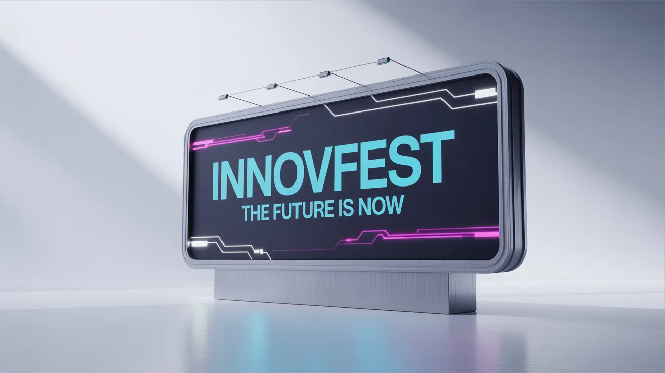 A modern advertising billboard mockup shown in a white studio setting, displaying an advertisement for a fictional tech festival called 'INNOVFEST'.
