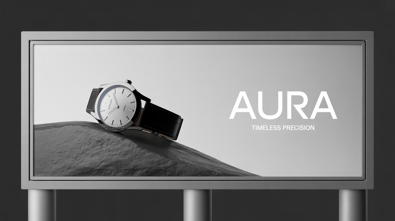 A photorealistic mockup of a modern billboard against a white background, advertising a luxury watch brand named 'AURA' with the tagline 'Timeless Precision'.