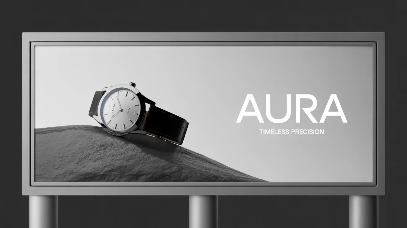 A photorealistic mockup of a modern billboard against a white background, advertising a luxury watch brand named 'AURA' with the tagline 'Timeless Precision'.