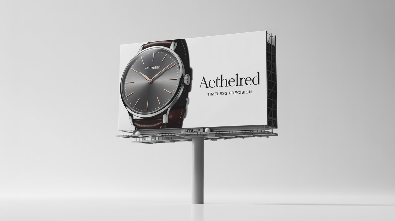 A professional mockup of a large horizontal billboard on a white background, displaying an advertisement for a luxury watch brand named 'Aethelred' with the tagline 'Timeless Precision'.