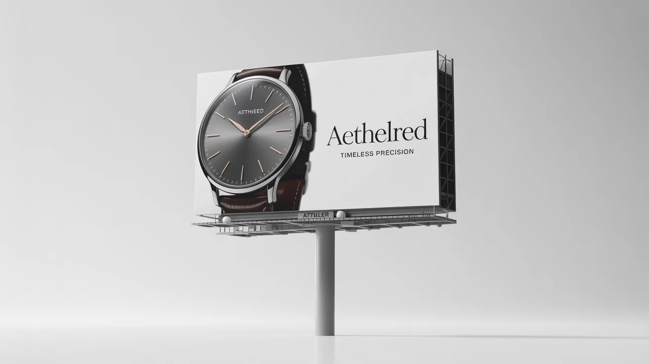 A professional mockup of a large horizontal billboard on a white background, displaying an advertisement for a luxury watch brand named 'Aethelred' with the tagline 'Timeless Precision'.
