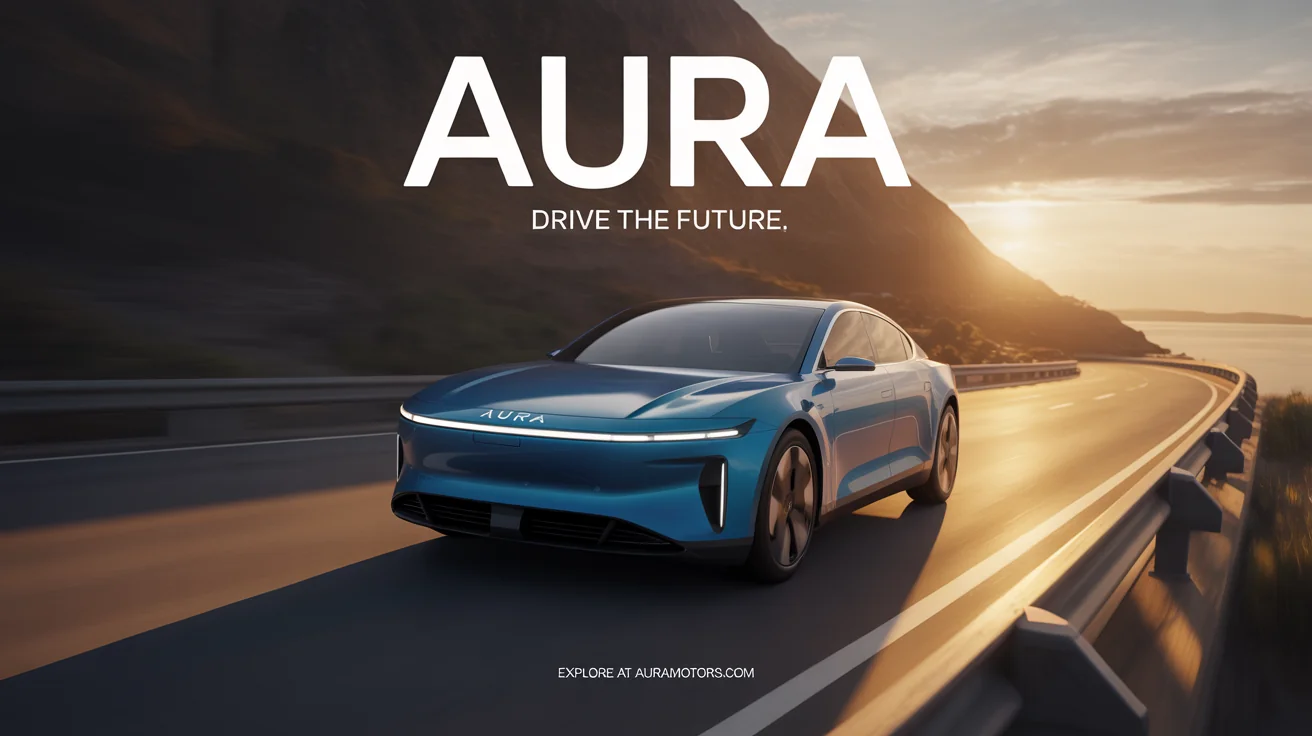 A clean mockup of a large billboard on a white background, displaying an advertisement for a fictional electric car brand called 'AURA'.