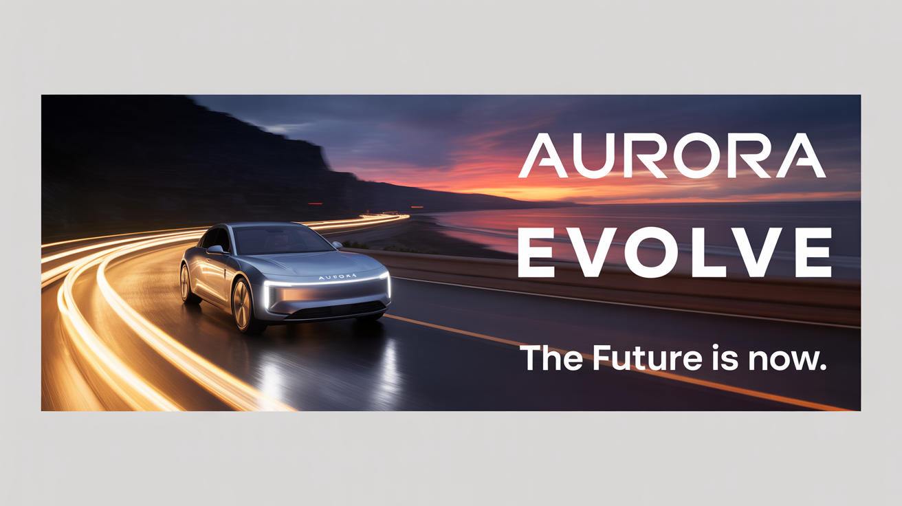 A photorealistic mockup of a large, horizontal billboard on a white background. The billboard advertises a luxury electric car, the 'Aurora Evolve', with an image of the car on a coastal road at sunset and the slogan 'The Future is Now.'